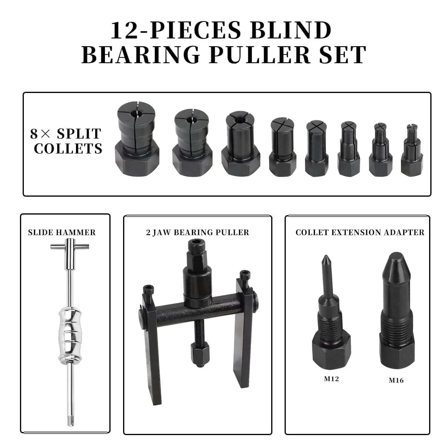 12pcs Blind Hole Bearing Puller Set Internal Bearing Extractor Puller Kit with slide hammer, split collets, and accessories