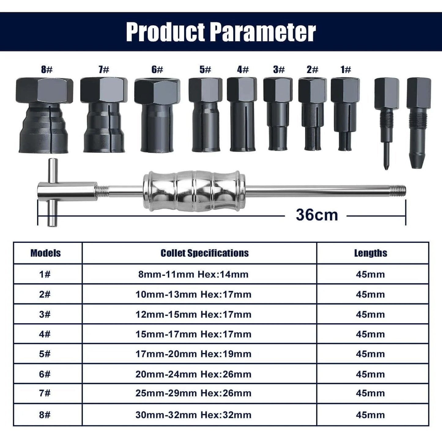 12pcs Blind Hole Collet Bearing Puller Set, Internal Bearing Extractor Puller Kit with expandable collets and specifications chart