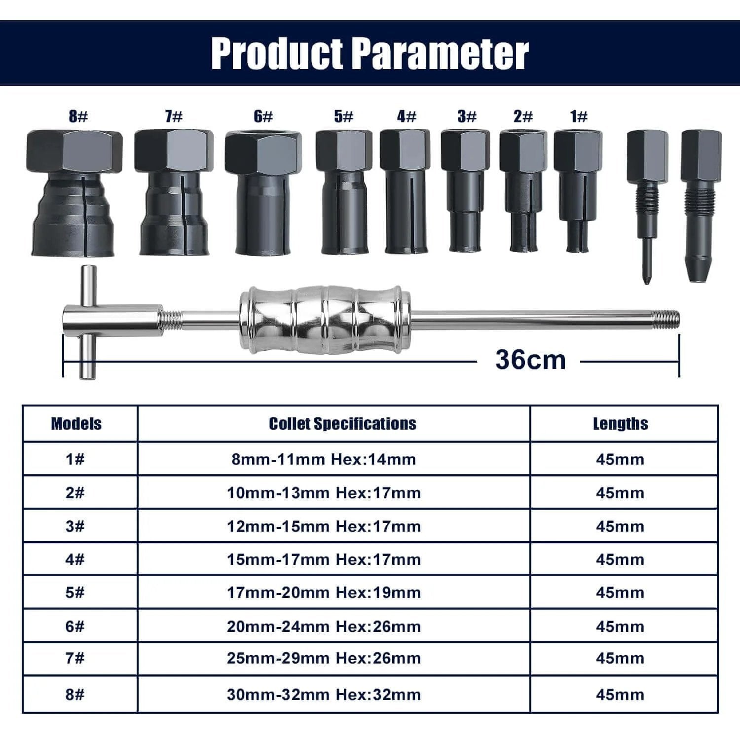 12pcs Blind Hole Collet Bearing Puller Set, Internal Bearing Extractor Puller Kit with expandable collets and specifications chart