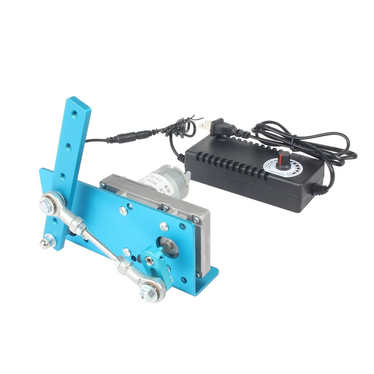 Powerful DC 12V And 24V Linear Actuator With Adjustable Swing Angle From 20 To 120 Degrees, 90 RPM Speed, Stepless Regulator, Perfect For DIY Wobbler Machines, Rocking Motors, And Home Automation Projects - side view with motor and regulator
