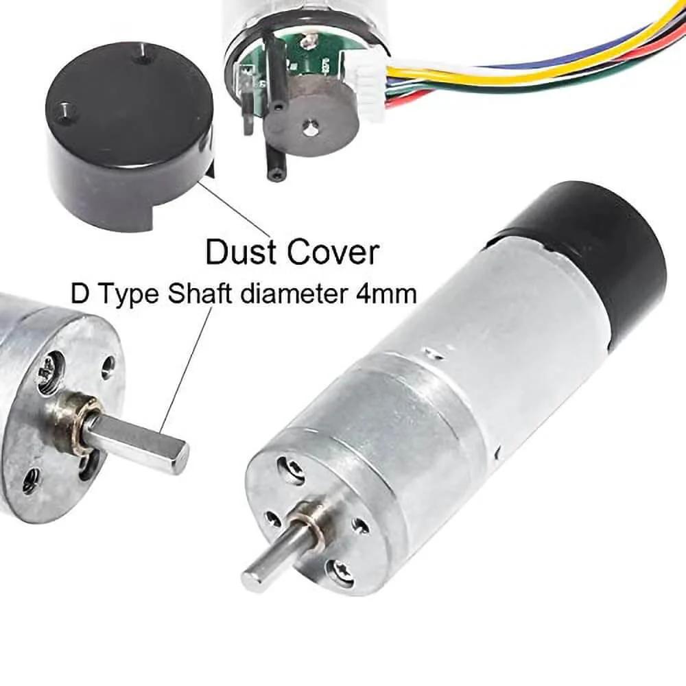 12V DC High Speed 300RPM Gear Motor with Encoder for Arduino and 3D Printers showing dust cover and 4mm diameter shaft.