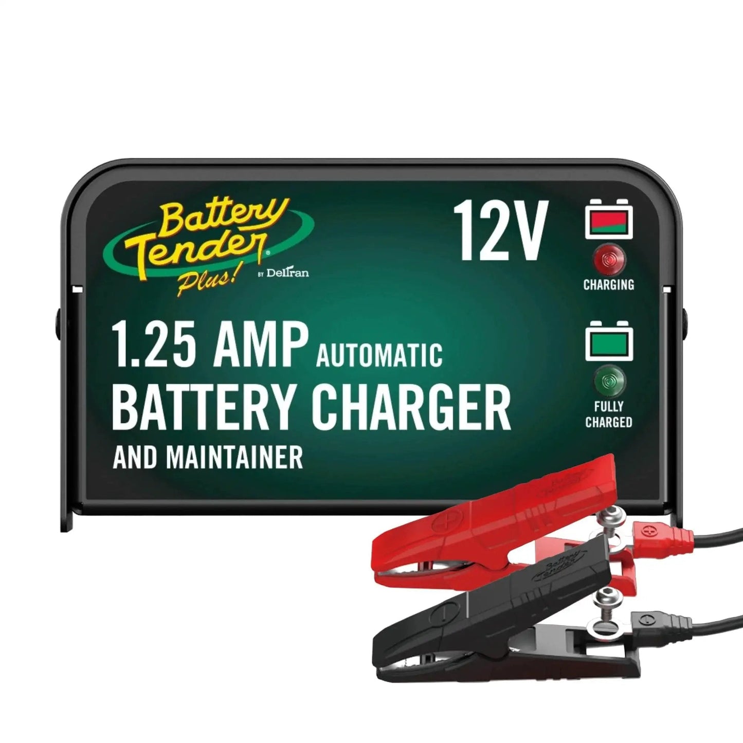 12V 1.25 Amp Car And Motorcycle Battery Charger And Maintainer With Float Charge for Automotive and ATVs, front view with clamps