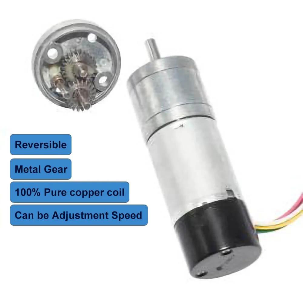 12V DC High Speed 300RPM Gear Motor with Encoder for Arduino and 3D Printers, metal gear, copper coil, side view