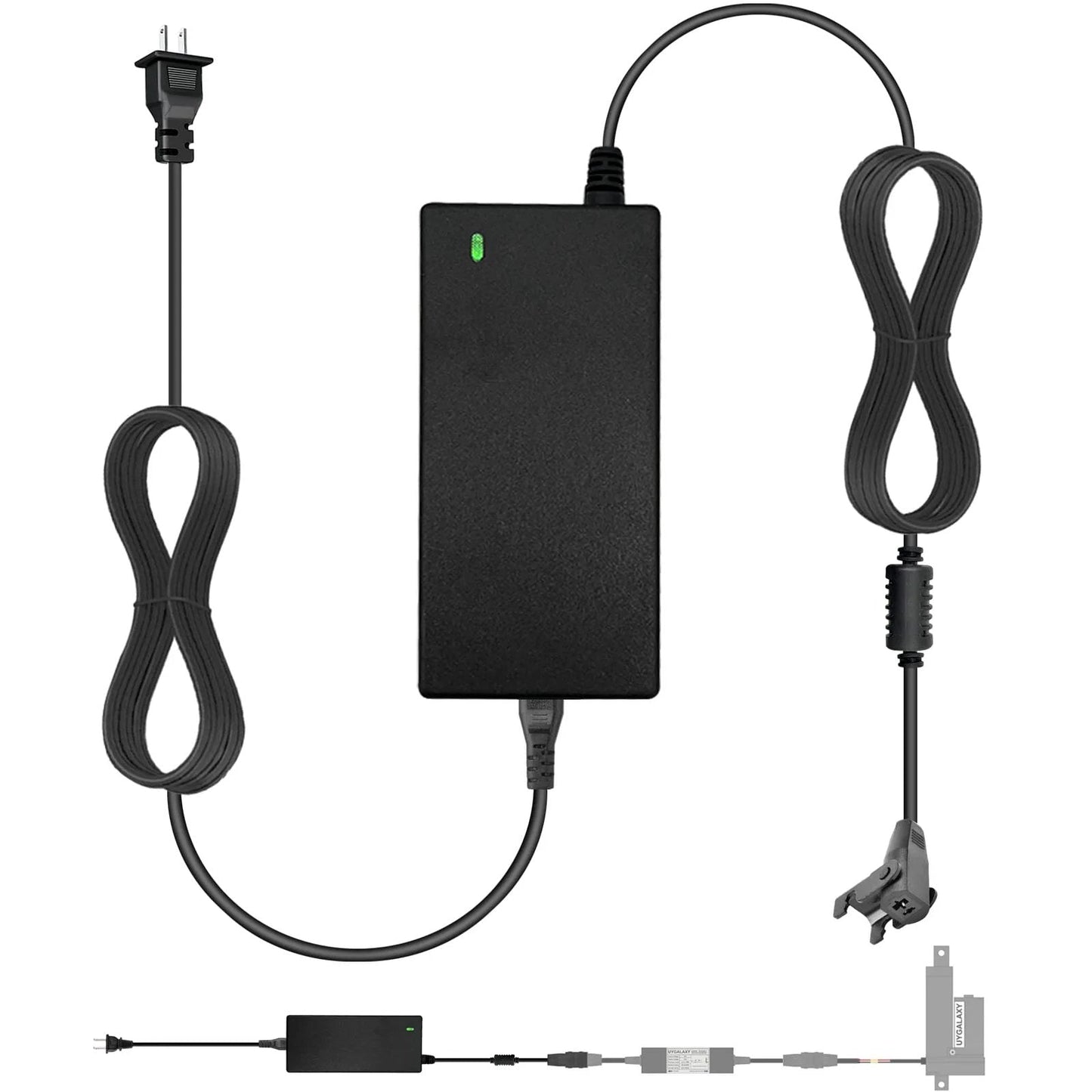 Power Supply For 12V DC Linear Actuators And Lift Chairs, 5A 60W AC DC Adapter Transformer With Wall Plug, 100 To 240V Input, 12V Output, 5 Amp Capacity, Works With UYGALAXY Remote Controller System And Electric Sofa Projects At Home viewed from the front with power cords attached.