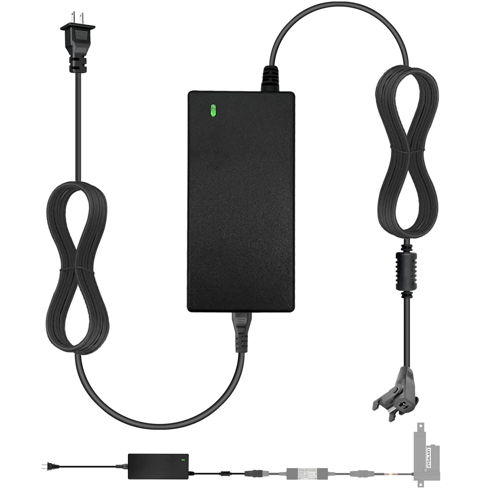 Power Supply For 12V DC Linear Actuators And Lift Chairs, 5A 60W AC DC Adapter Transformer With Wall Plug, 100 To 240V Input, 12V Output, 5 Amp Capacity, Works With UYGALAXY Remote Controller System And Electric Sofa Projects At Home viewed from the front with power cords attached.