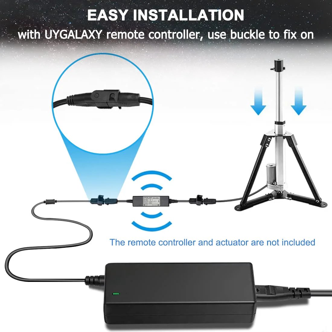 Power Supply For 12V DC Linear Actuators And Lift Chairs, 5A 60W AC DC Adapter Transformer With Wall Plug, 100 To 240V Input, 12V Output, 5 Amp Capacity, Works With UYGALAXY Remote Controller System And Electric Sofa Projects At Home installation diagram, showing connections and setup with remote controller.