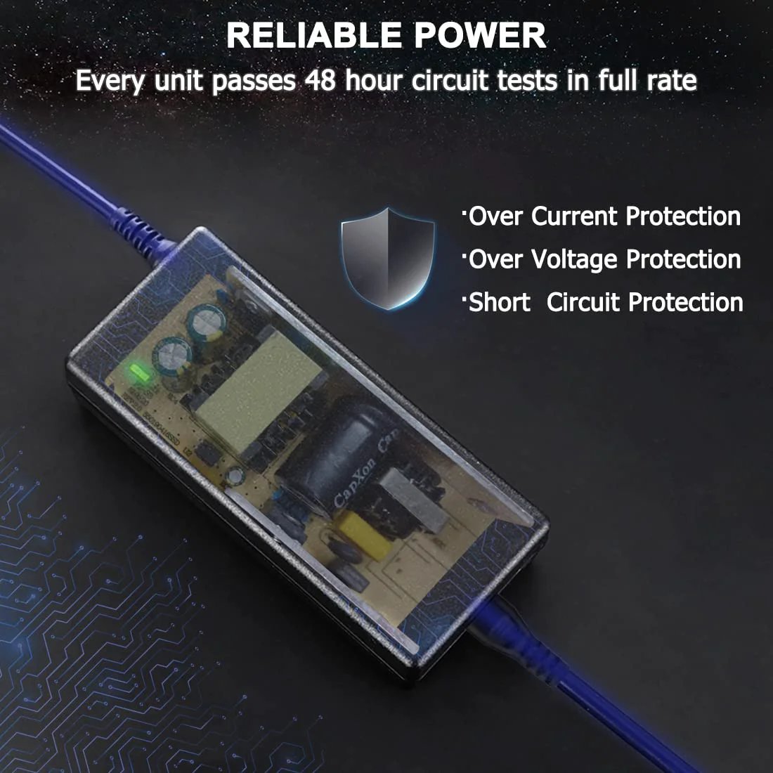 Power Supply For 12V DC Linear Actuators And Lift Chairs, 5A 60W AC DC Adapter Transformer With Wall Plug, 100 To 240V Input, 12V Output, 5 Amp Capacity, Works With UYGALAXY Remote Controller System And Electric Sofa Projects At Home close-up of power supply unit showing circuit board and protection features.