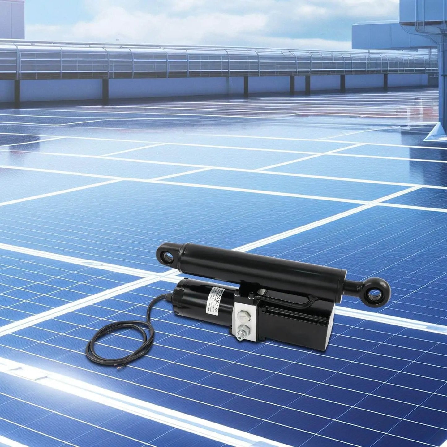 Beefy 12V Electric Hydraulic Linear Actuator With 8 Inch Stroke 2 Ton Load Capacity 4400 Lbs 25 Mm Per Second Travel Heavy Duty DC Motor For Automotive And Industrial Use on a rooftop