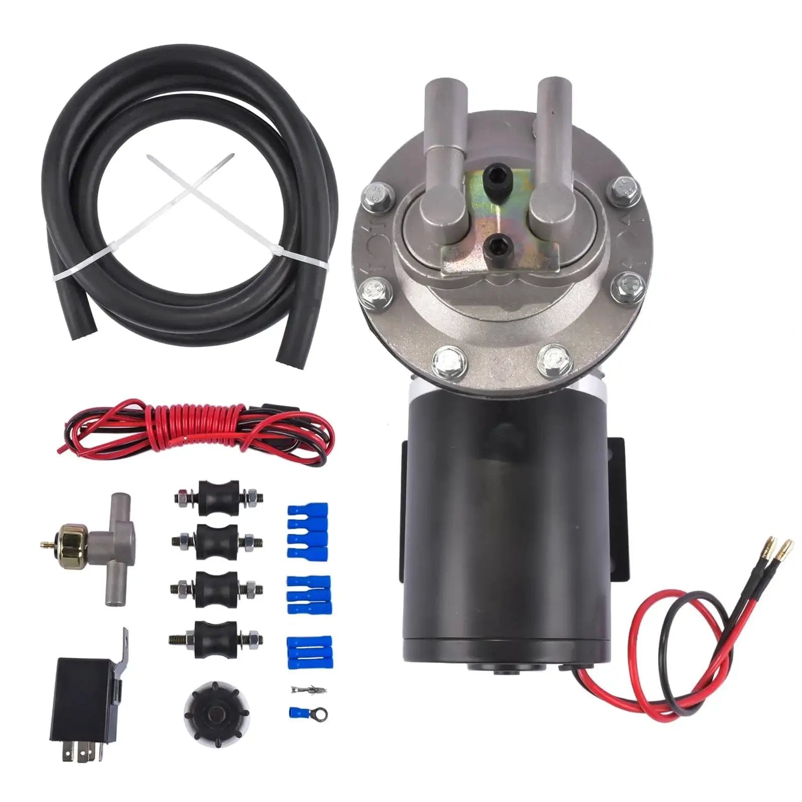 12 Volt Electric Vacuum Pump Kit For Brake Booster Replacement with hoses, relay, and fittings for GMC and Chevy vehicles.