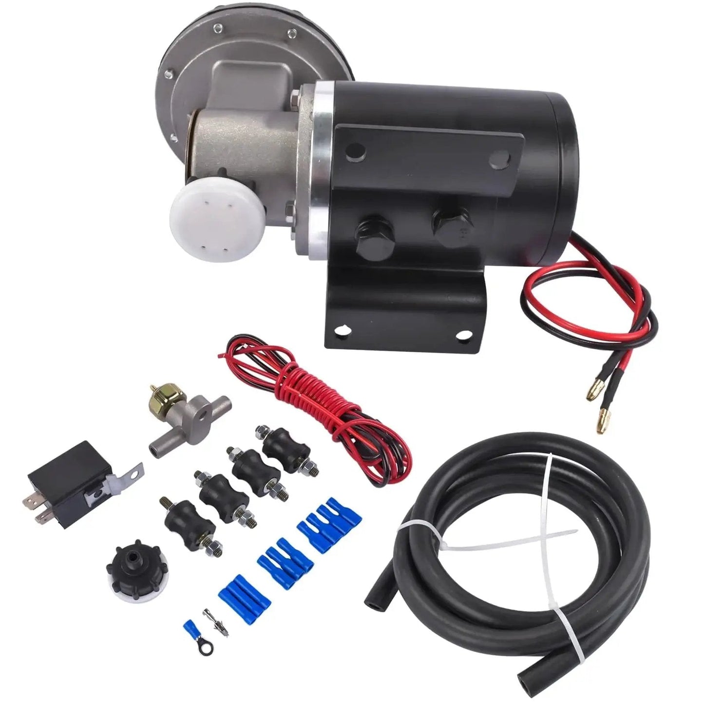 12 Volt Electric Vacuum Pump Kit For Brake Booster Replacement with installation components, wires, hose, and relay included.