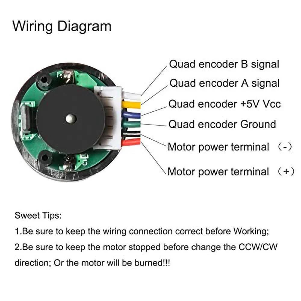 Wiring diagram for 12V DC High Speed 300RPM Gear Motor with Encoder for Arduino and 3D Printers showing connections and signals.