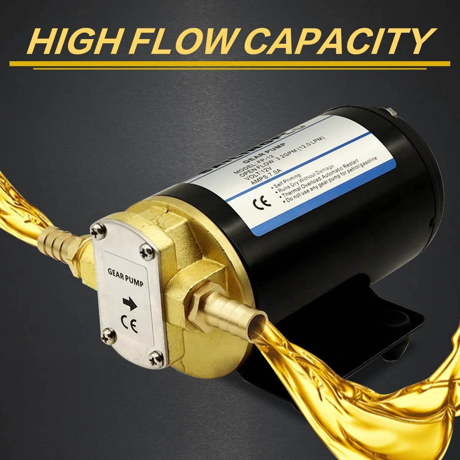12V Gear Pump-3.2 GPM Self-Priming Impeller Oil Transfer for Machinery Fuel displaying high flow capacity in operation