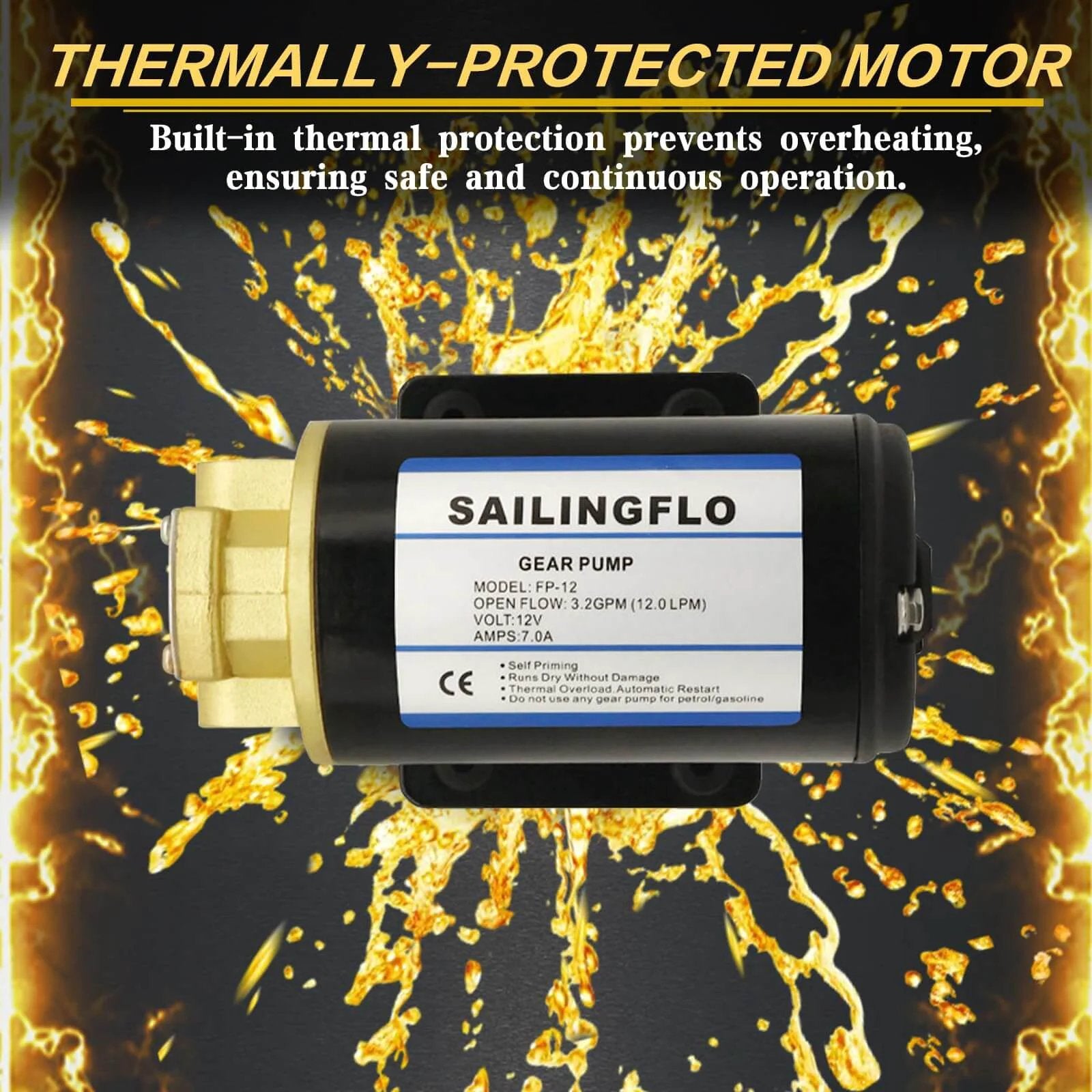 12V Gear Pump-3.2 GPM Self-Priming Impeller Oil Transfer with thermal protection label on explosion background