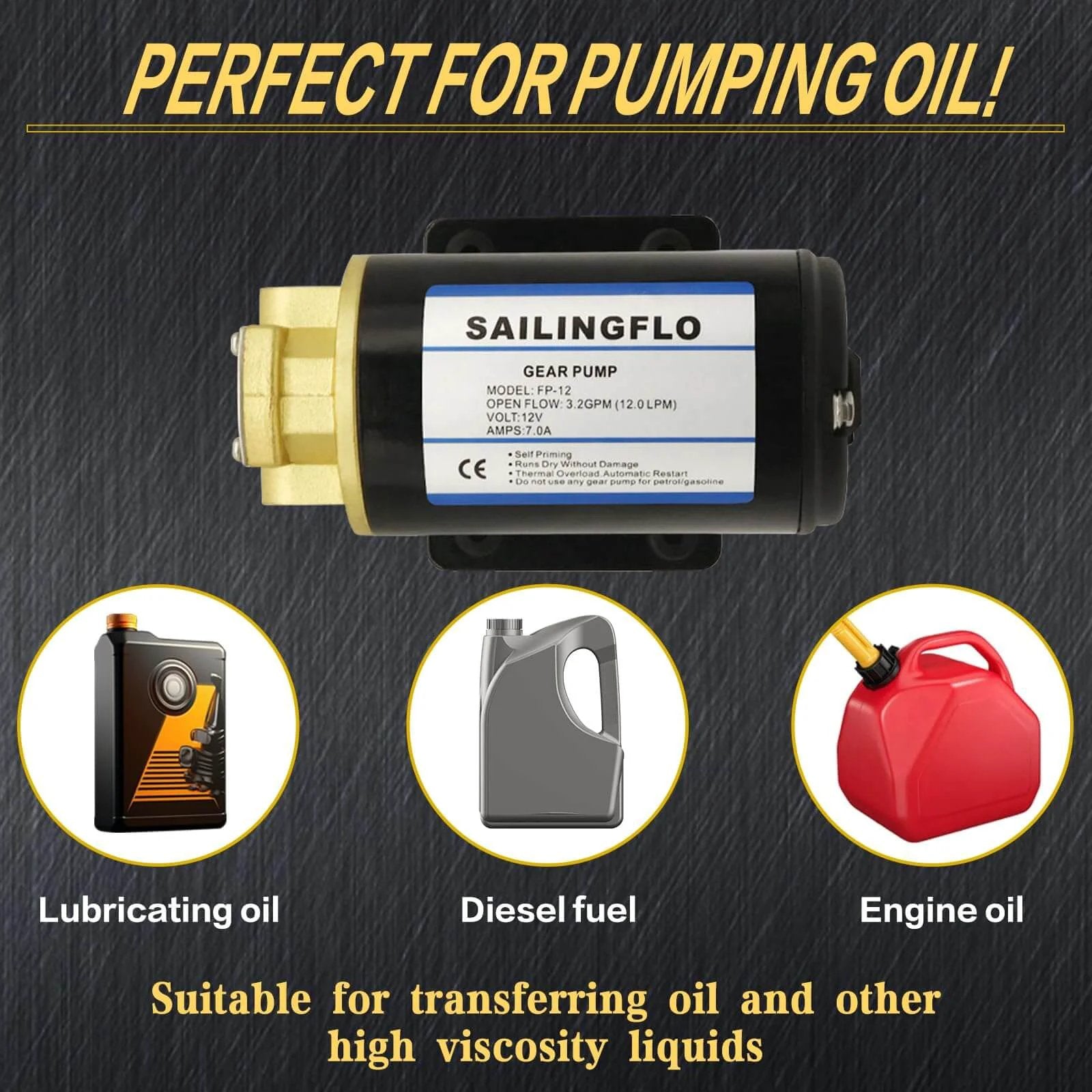 12V Gear Pump-3.2 GPM Self-Priming Impeller Oil Transfer displayed with oil and fuel containers