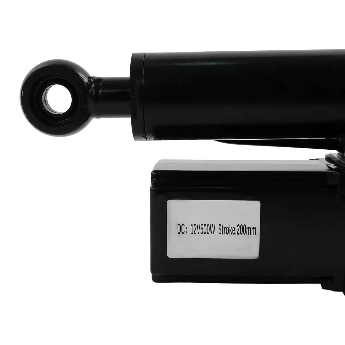 Side view of Beefy 12V Electric Hydraulic Linear Actuator With 8 Inch Stroke 2 Ton Load Capacity showing label details.