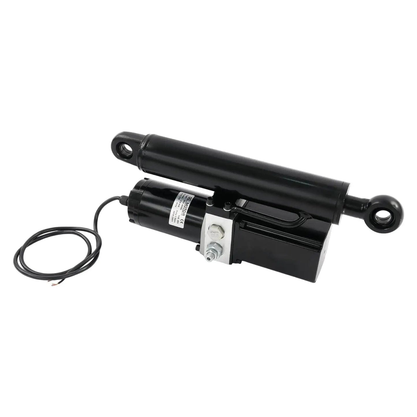 Beefy 12V Electric Hydraulic Linear Actuator With 8 Inch Stroke 2 Ton Load Capacity 4400 Lbs 25 Mm Per Second Travel Heavy Duty DC Motor For Automotive And Industrial Use, shown in black with cord and mounting brackets.