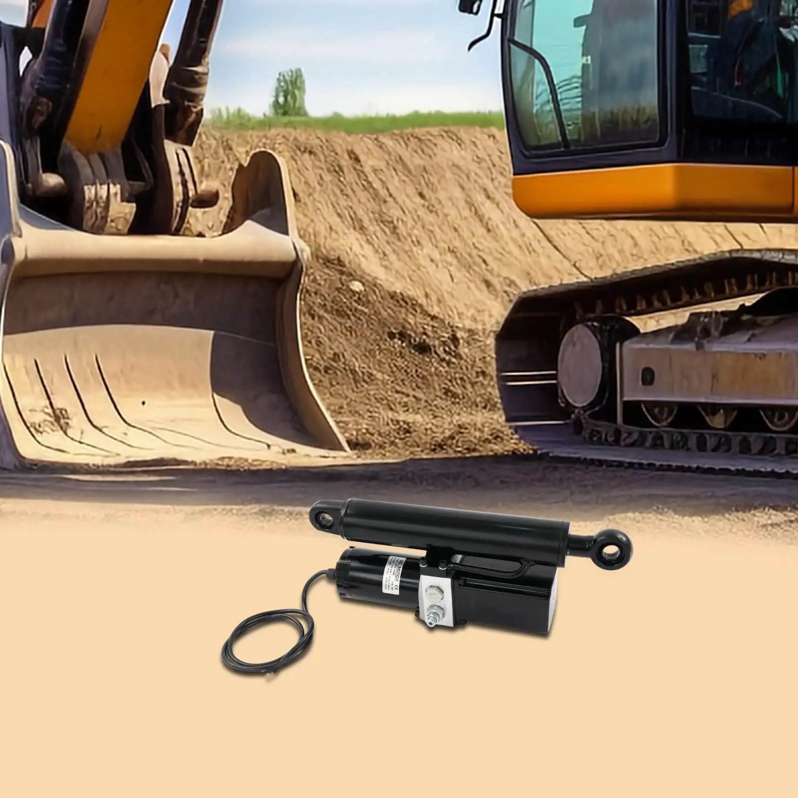 Beefy 12V Electric Hydraulic Linear Actuator With 8 Inch Stroke 2 Ton Load Capacity shown in front of construction equipment