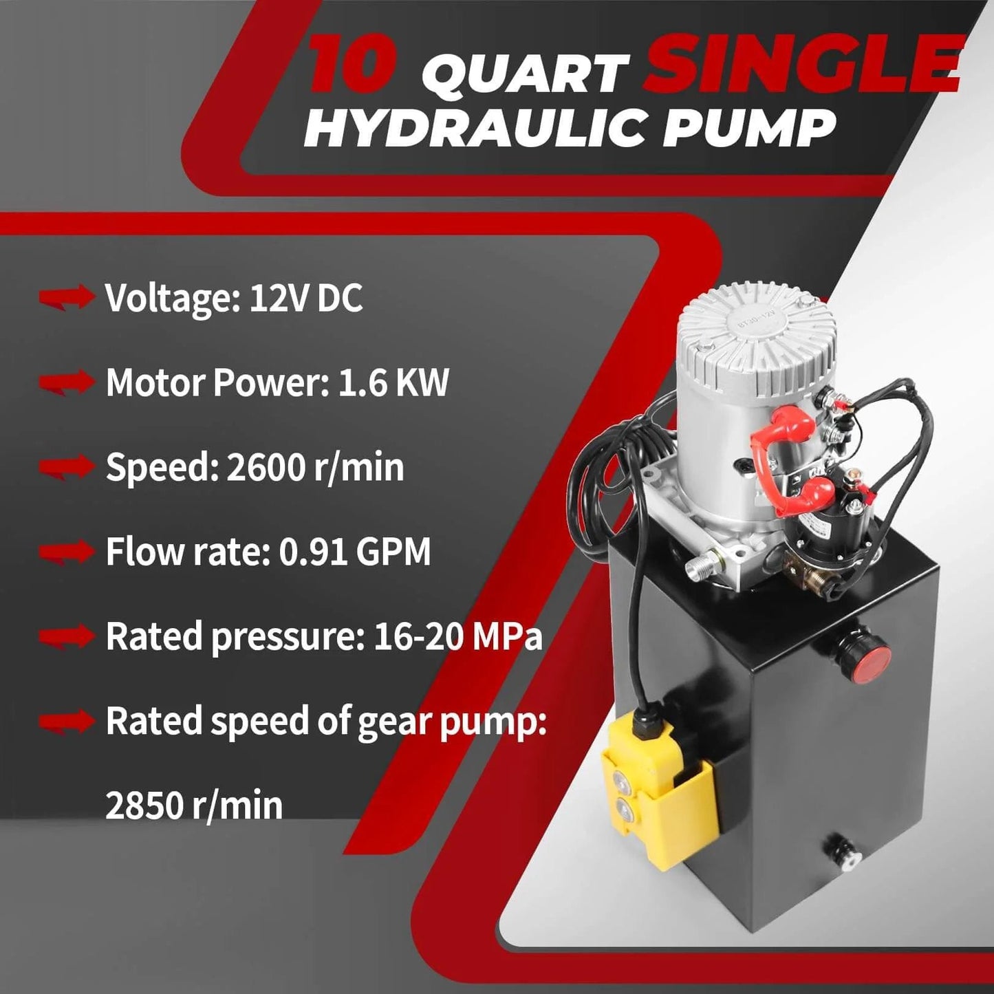 12V DC Hydraulic Power Device 10 Quart Single Acting Hydraulic Dump Trailer Pump with motor specifications displayed