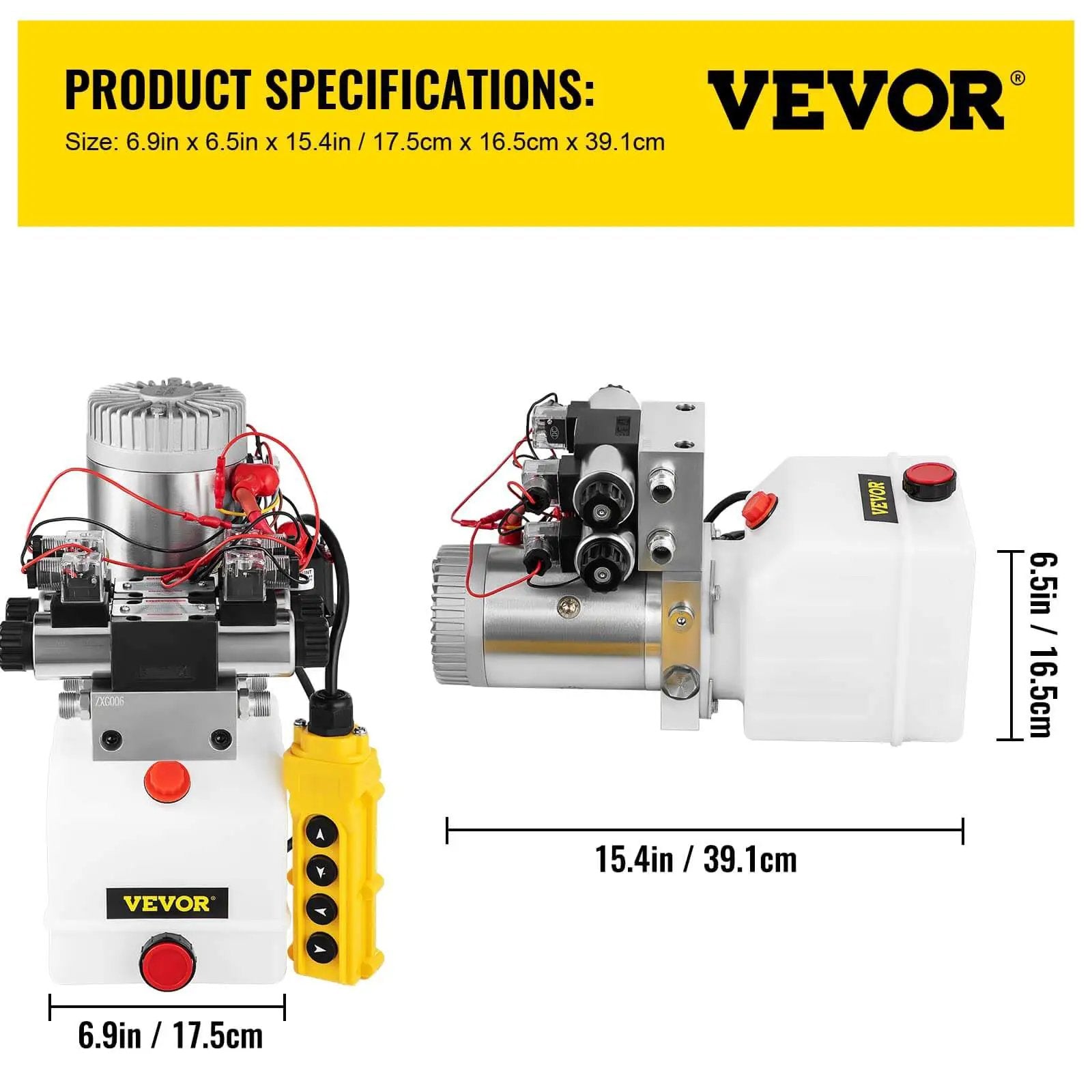 Double Acting 4 Way Hydraulic Pump Power Unit With 12V DC Motor 2 GPM Flow 3200 PSI Max For Dump Trailer Lifting And Car Lift 4.5 Quart Reservoir VEVOR, front and side view with dimensions.