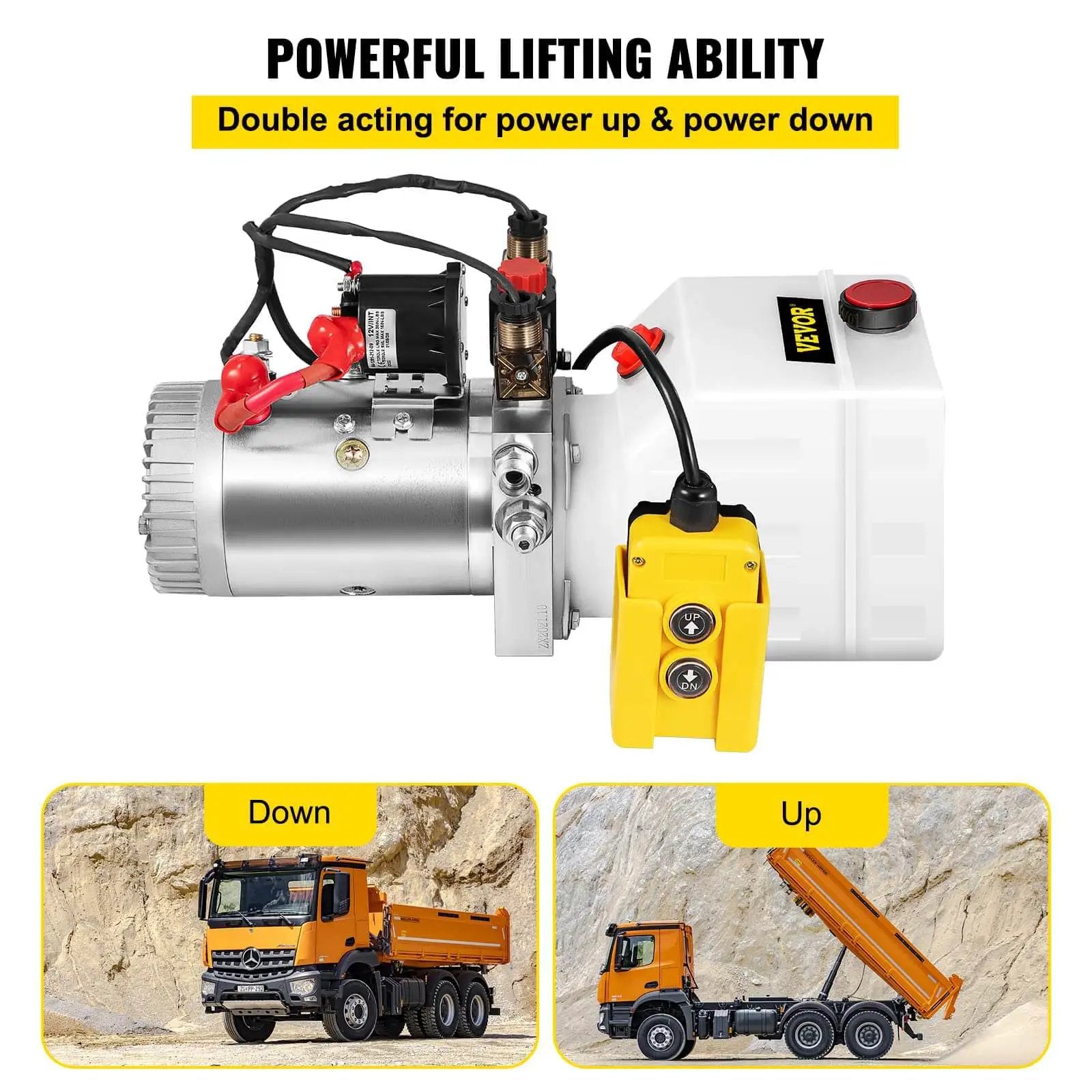 Beefy 12V Hydraulic Pump Power Unit With 3 Quart Reservoir for Dump Trailers and Car Lifting, Double Acting Up and Down, 3200 PSI A Port.