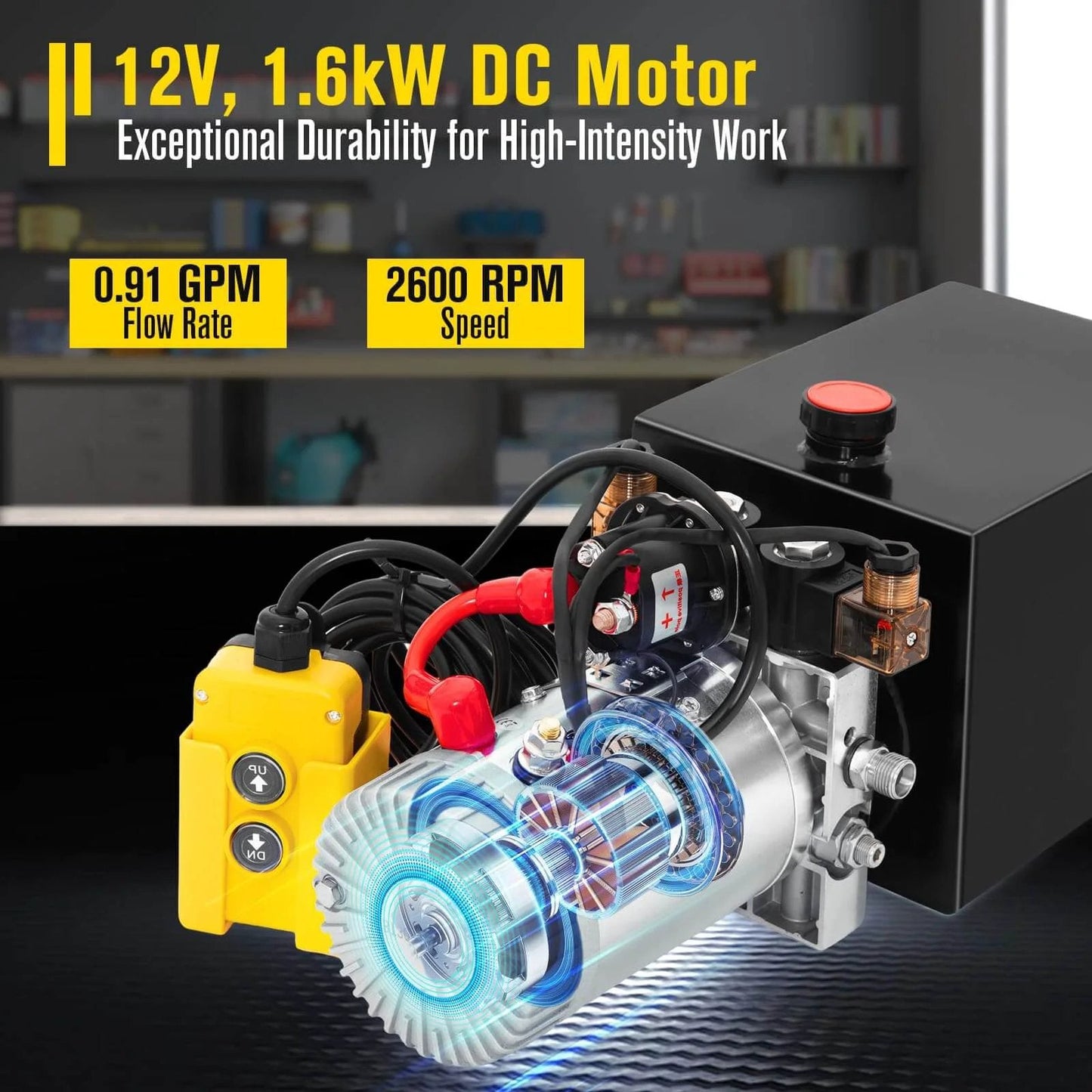 Hydraulic Pump 12V Dump Trailer Pump with 12V, 1.6kW DC motor, flow rate of 0.91 GPM, speed 2600 RPM, and control unit.