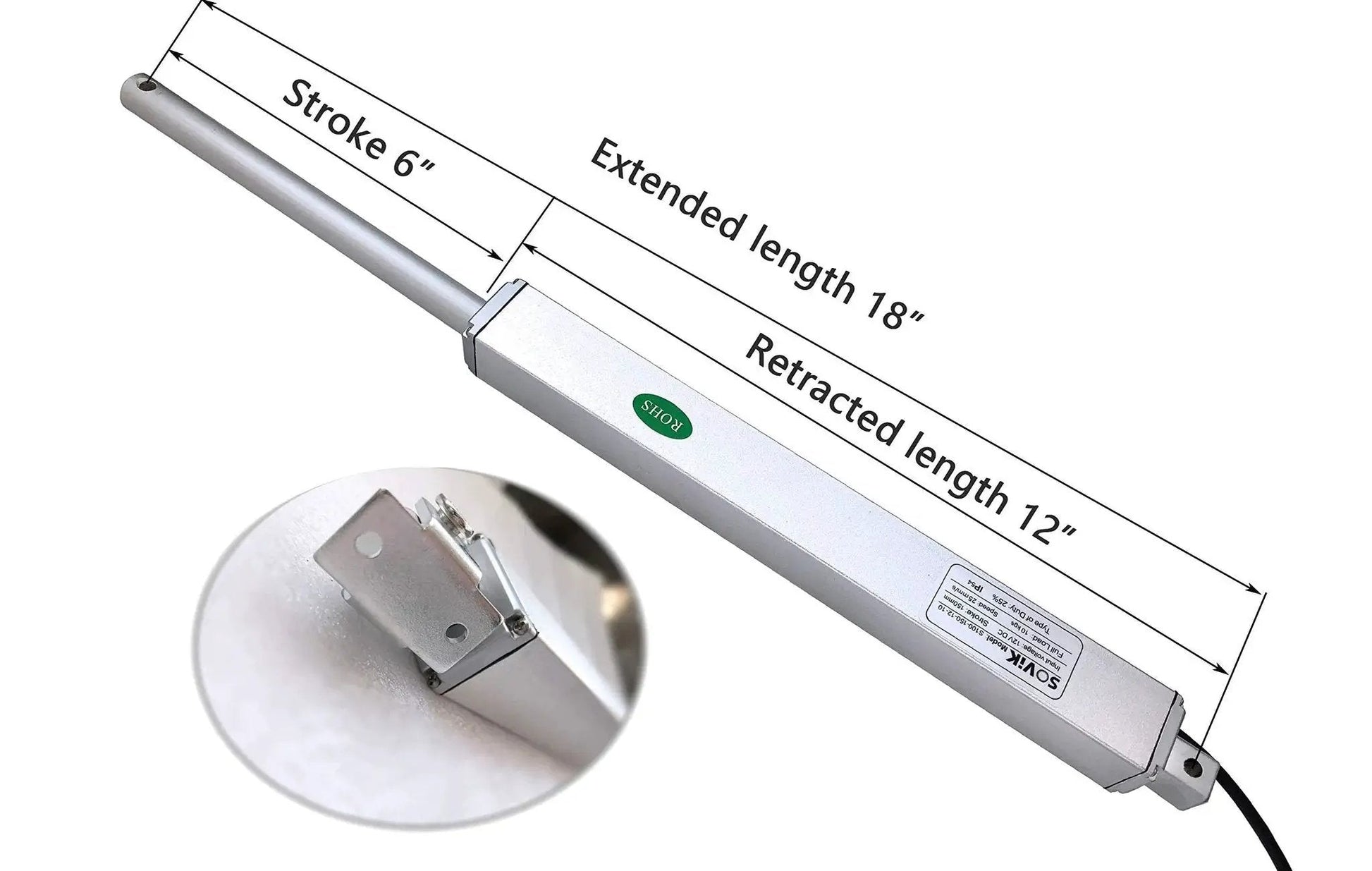 Beefy 6 Inch Stroke Linear Actuator 12V DC With Built In Limit Switch and Mounting Brackets, silver color, by SOViK