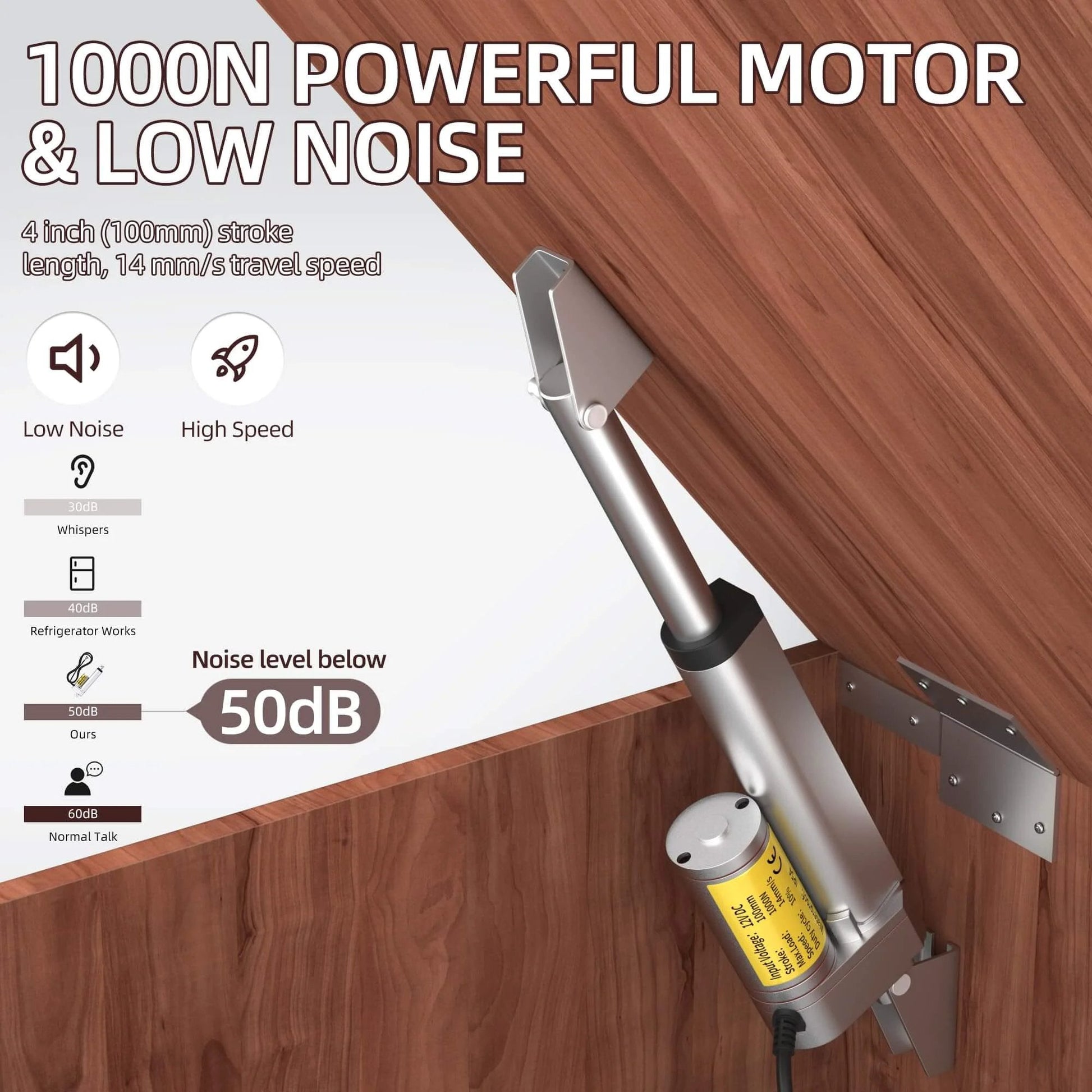 12V Linear Actuator, 4" Actuator 14 mm/s High Speed Linear Actuator installed, showing aluminum build and noise level