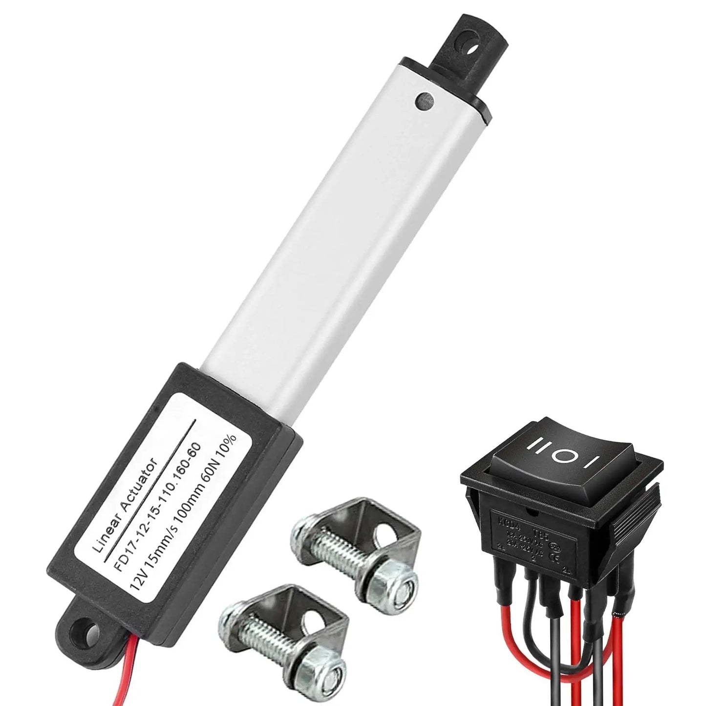 Compact 12V 4 Inch Linear Actuator AWINLI With 60N Thrust 15mm Per Second Speed IP54 Waterproof Metal Microactuator shown with switch and brackets