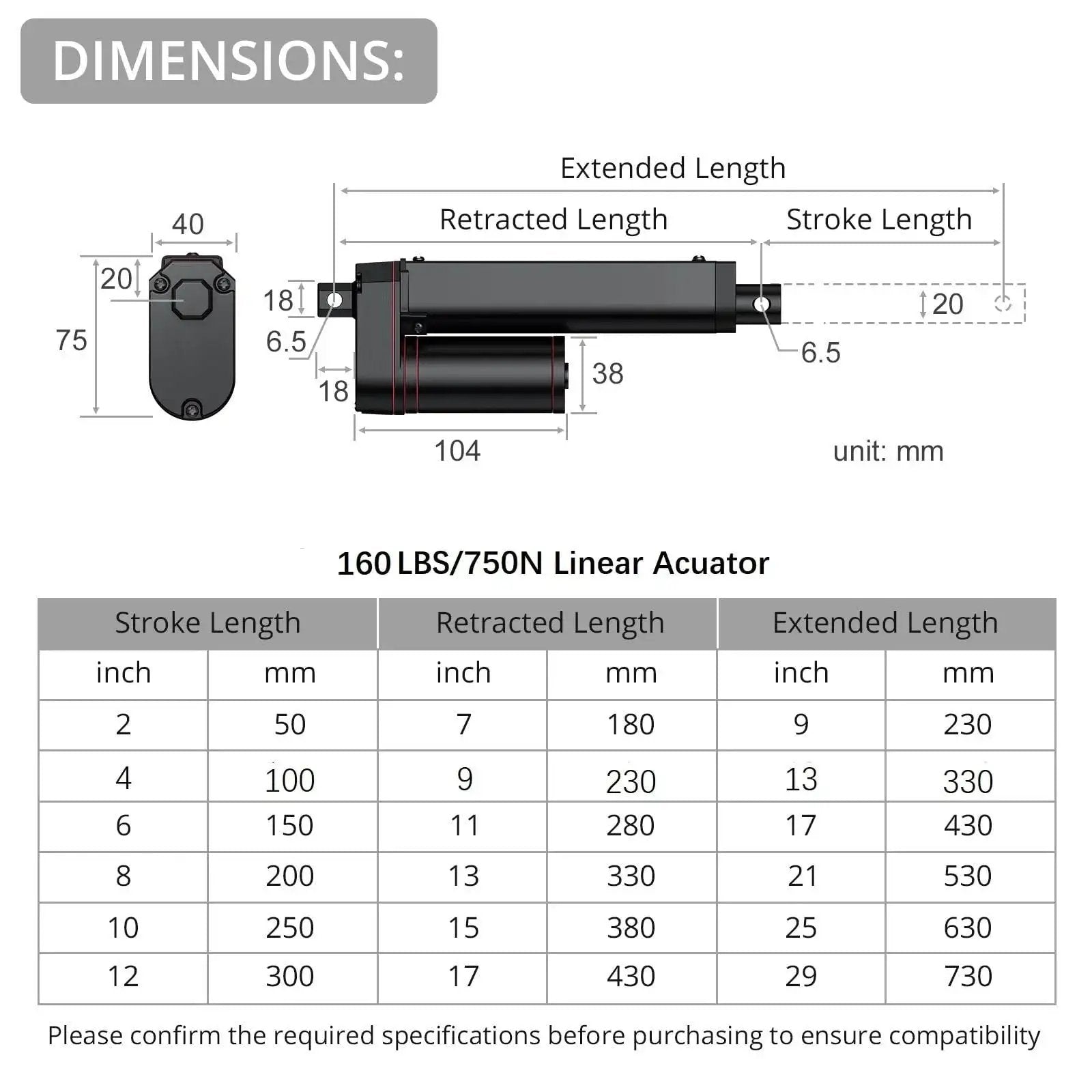 Dimensions diagram of 12V Linear Actuator 160LBS 750N, 6 Inch Stroke 150mm with retracted and extended measurements in mm