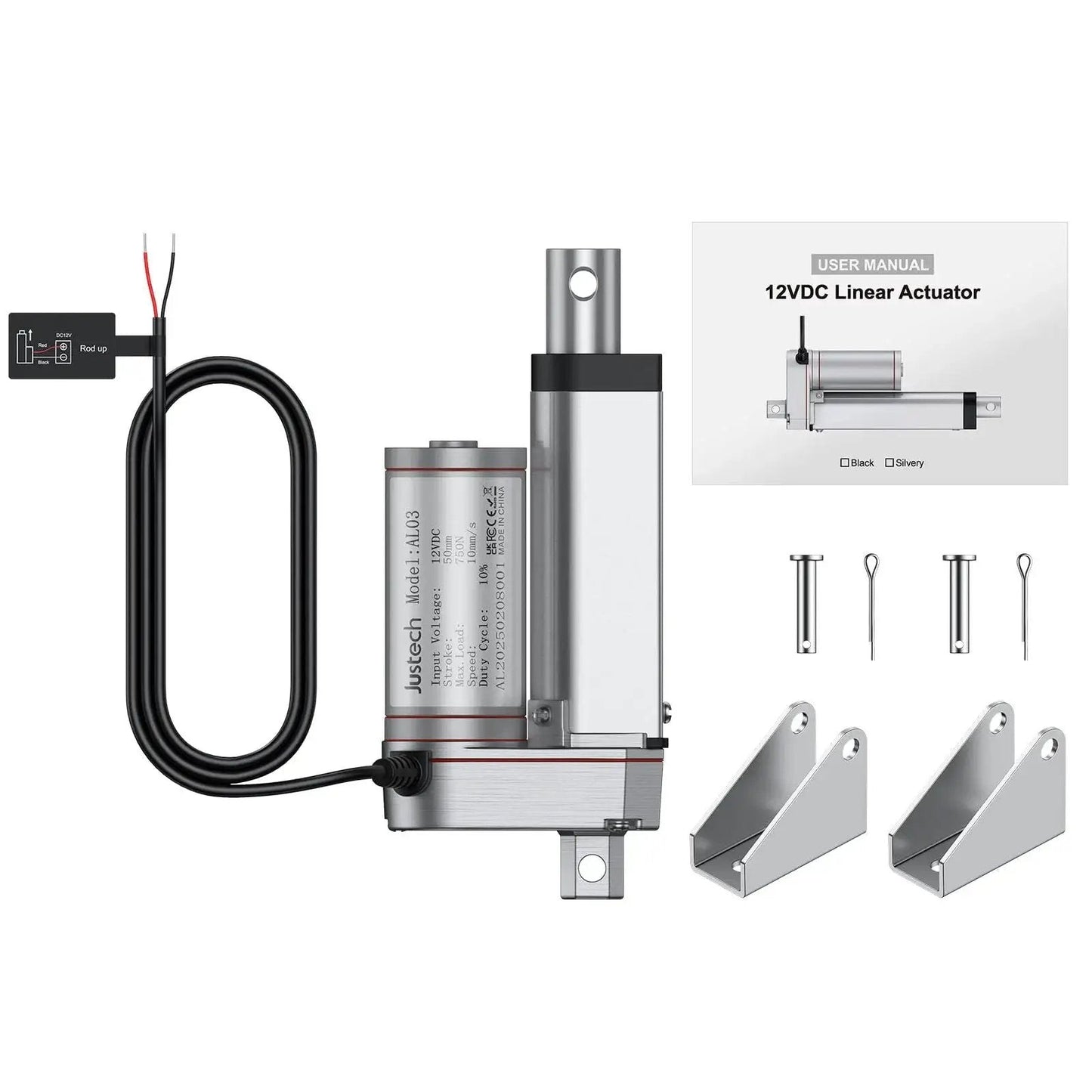 12V Linear Actuator 160LBS Lift, 2 Inch Stroke, IP65 Waterproof with accessories and manual