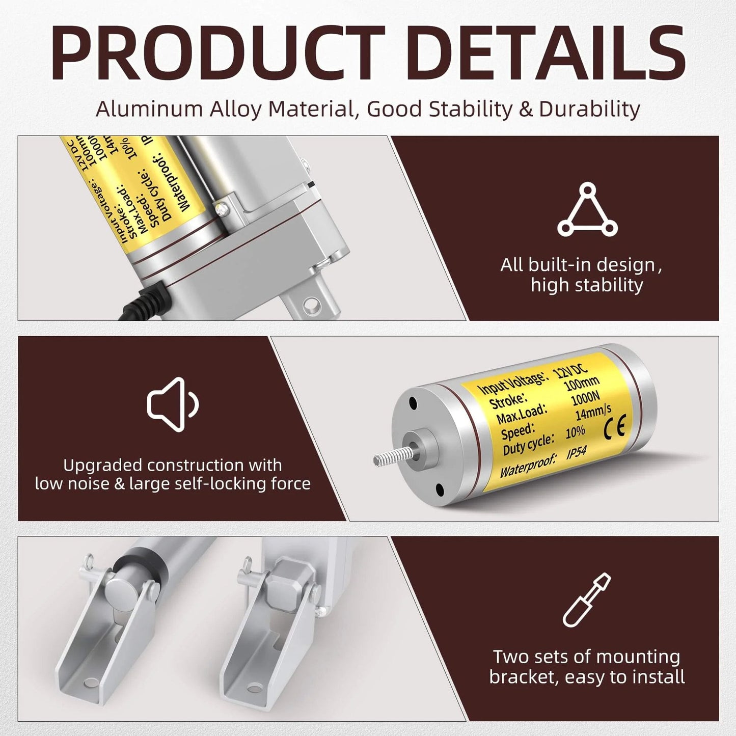 Product details of 12V Linear Actuator, 4" Actuator 14 mm/s High Speed Linear Actuator Waterproof 1000N/220lbs Stroke, with reverse polarity switch controller and aluminum alloy construction.