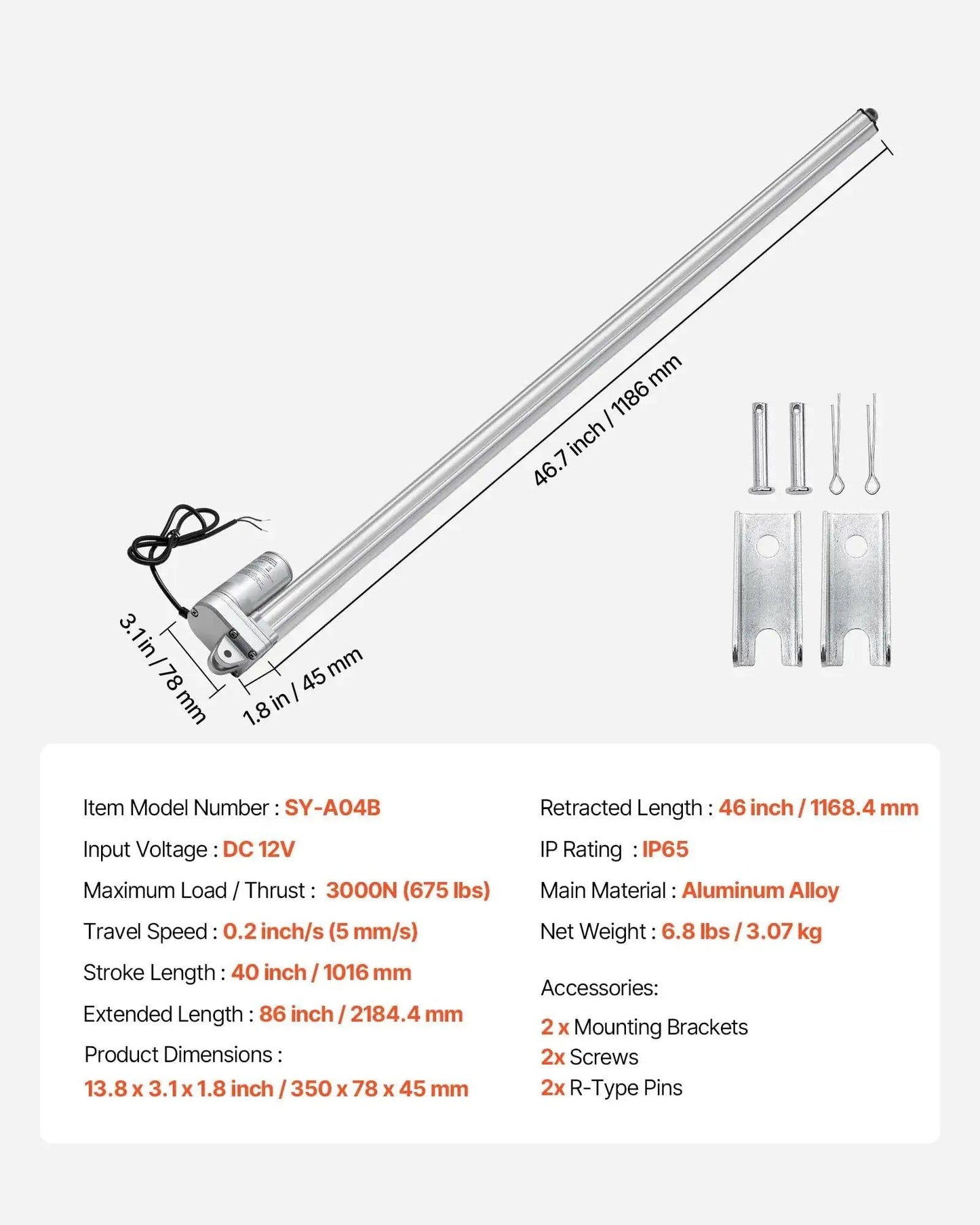 All Weather Heavy Duty 12V Linear Actuator With Mounting Bracket VEVOR 40 Inch Stroke IP65 Waterproof shown with dimensions.
