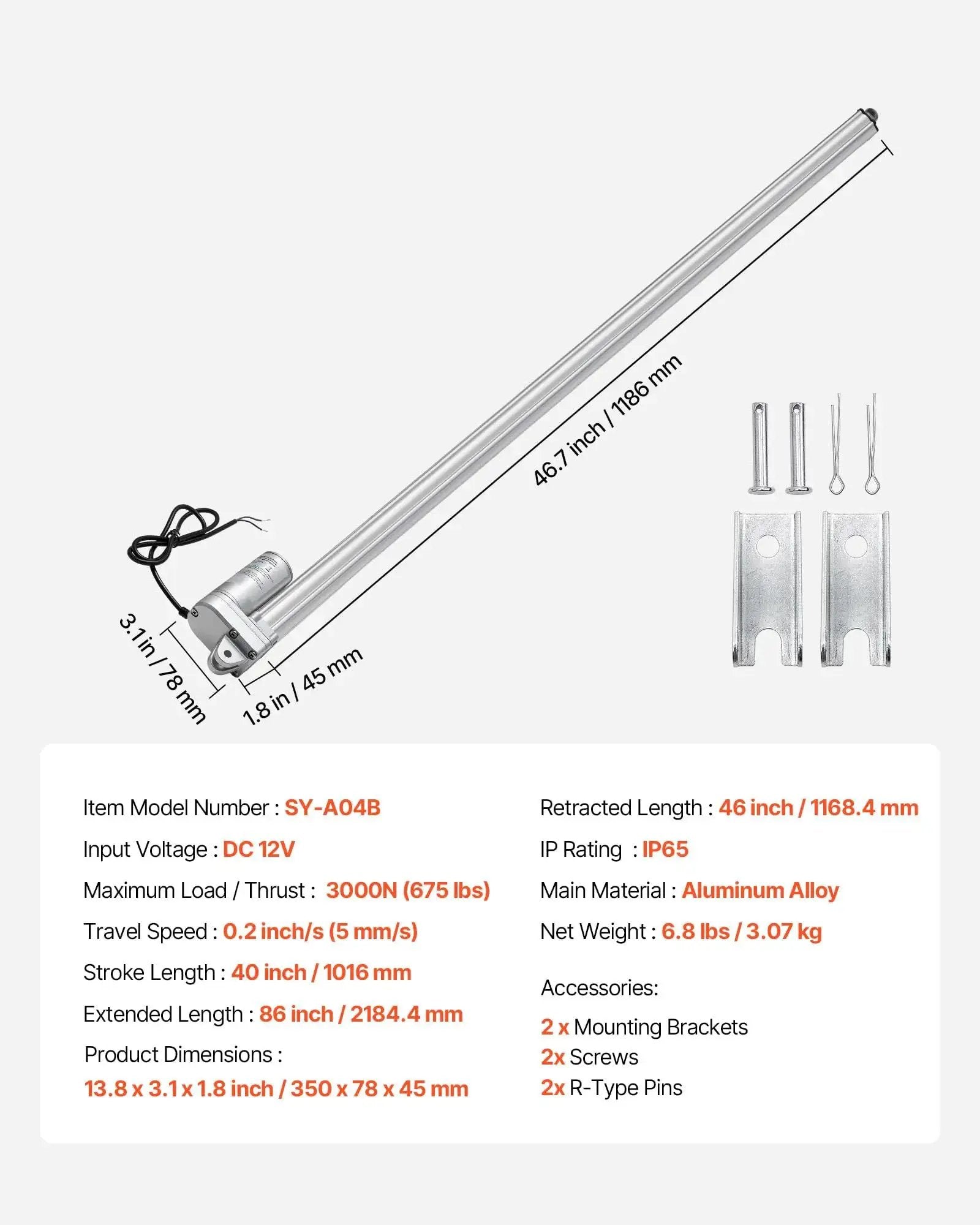 All Weather Heavy Duty 12V Linear Actuator With Mounting Bracket VEVOR 40 Inch Stroke IP65 Waterproof shown with dimensions.