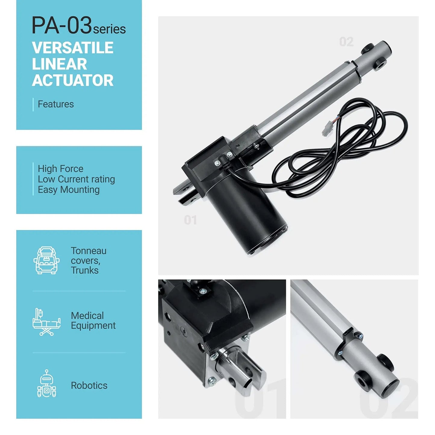 12 Inch Stroke 600 Lb 12V Linear Actuator With Low Current DC Motor For Automotive Medical And Robotics PA-03-12-600 By Progressive Automations