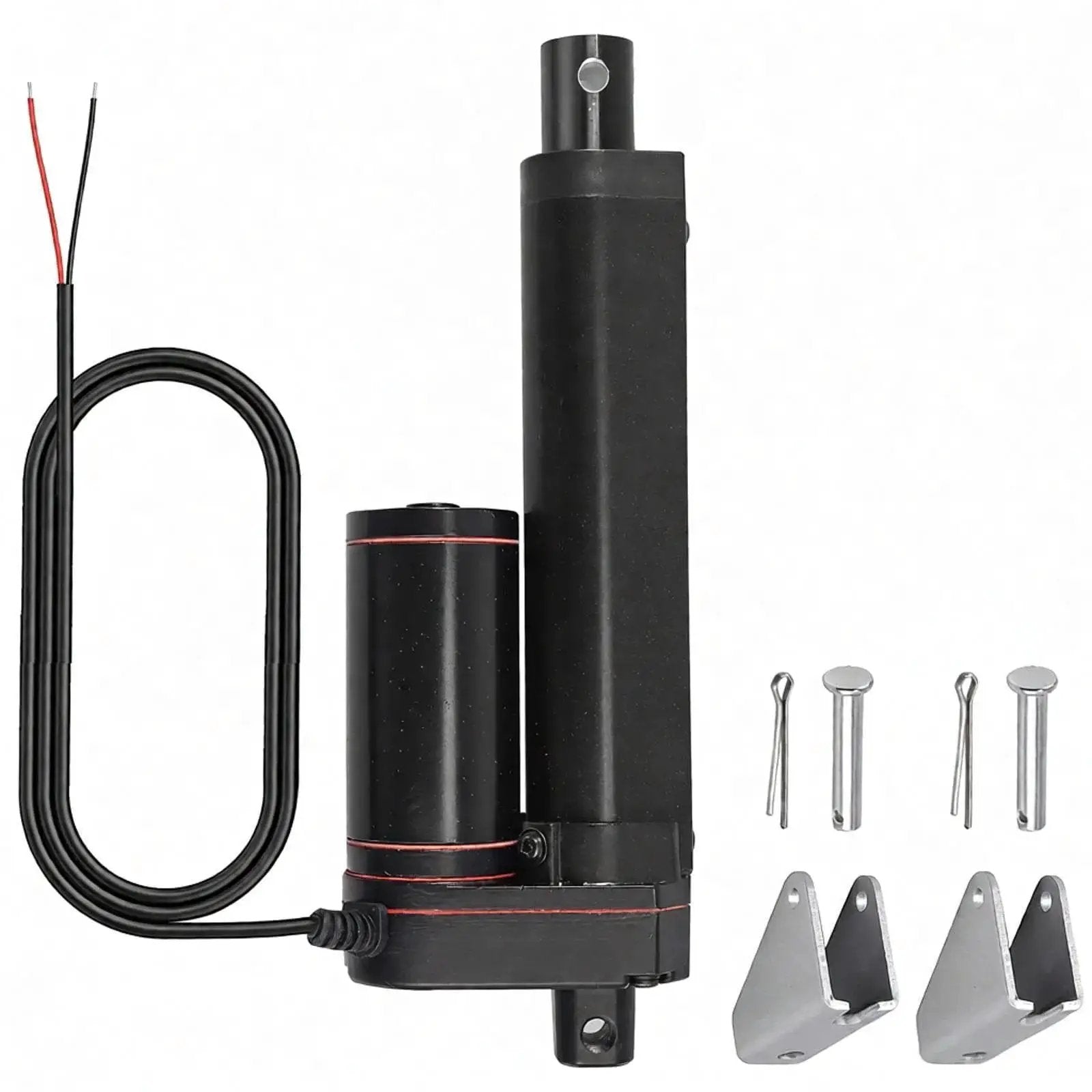 12V Linear Actuator 160LBS 750N, 6 Inch Stroke 150mm shown with mounting brackets and accessories.