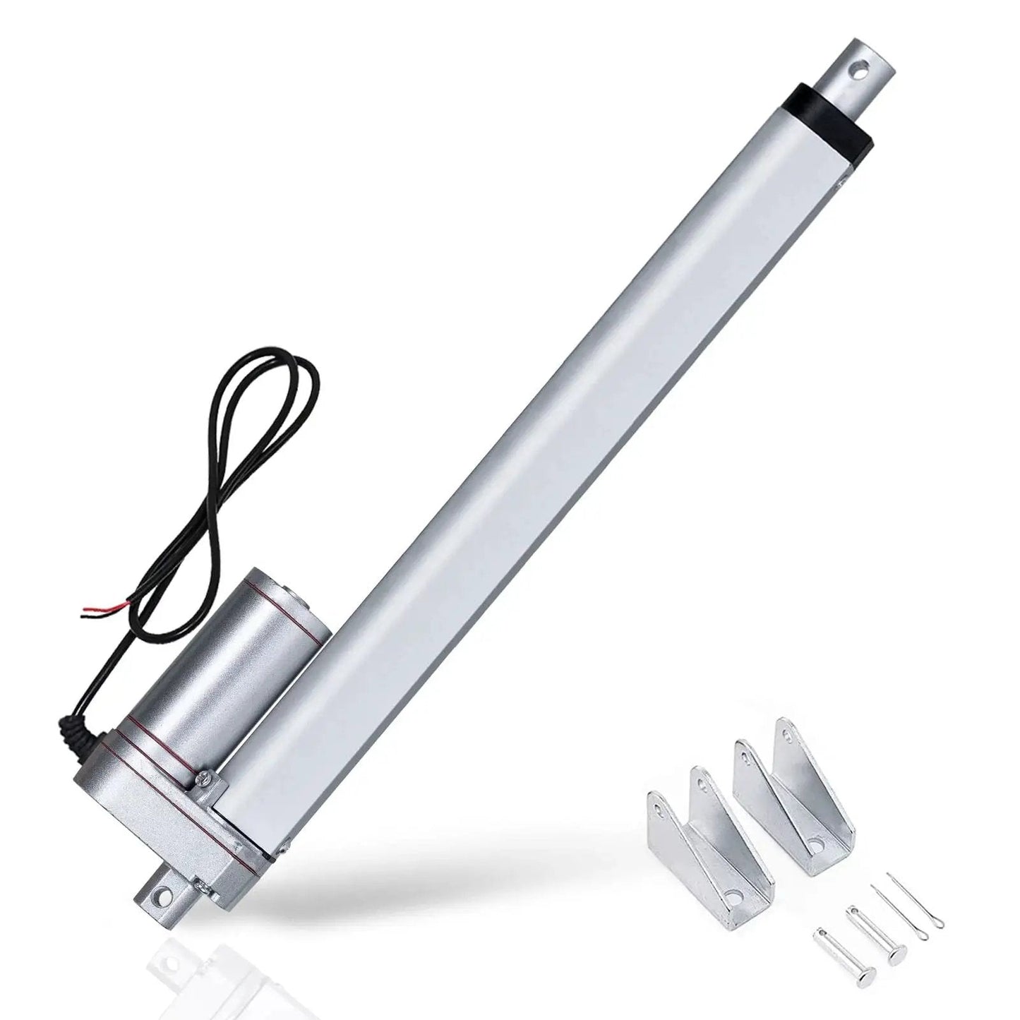 Powerful 12V heavy duty linear actuator delivers up to 330 lb push or pull with a 6 inch stroke, IP54 aluminum and mounting brackets shown