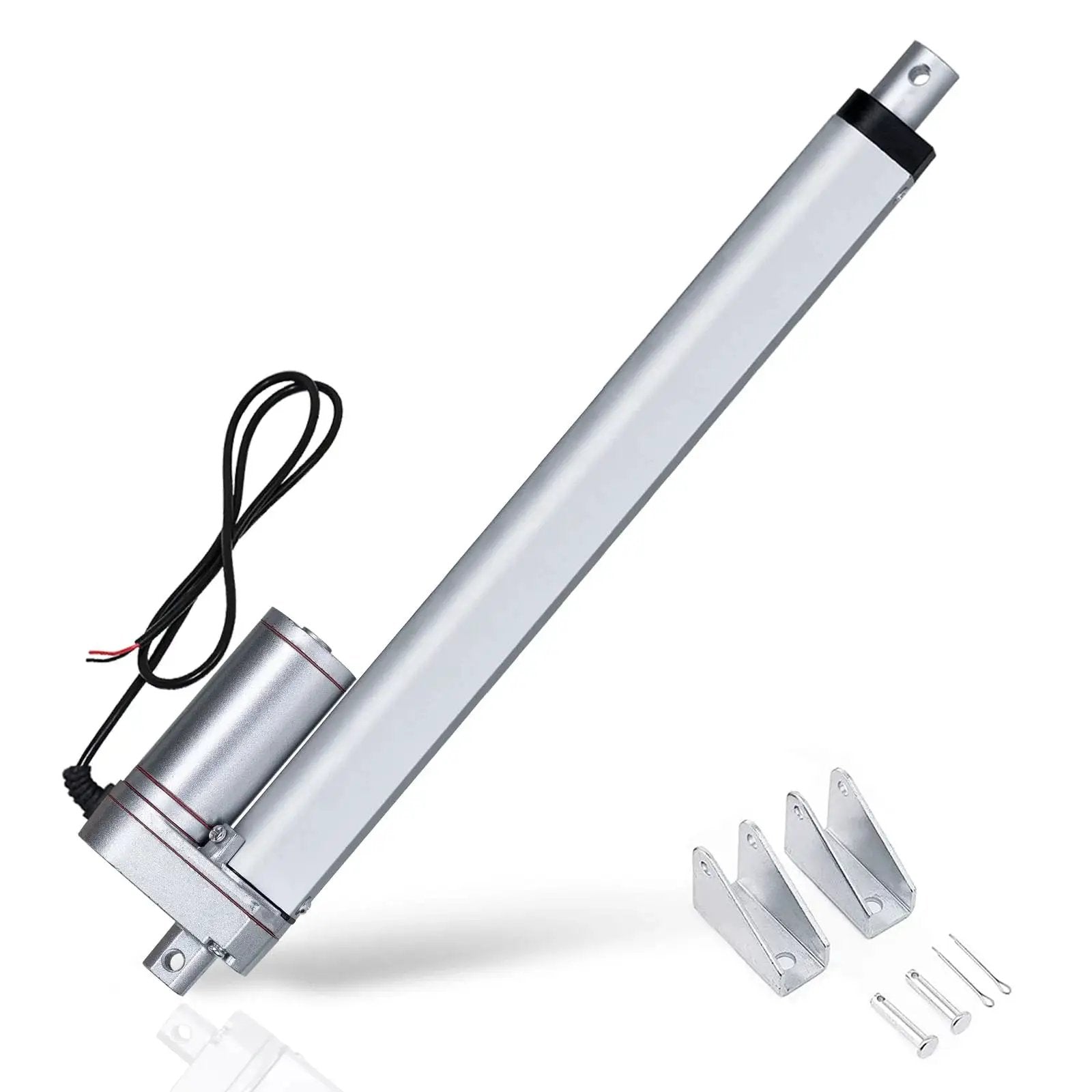 Powerful 12V heavy duty linear actuator delivers up to 330 lb push or pull with a 6 inch stroke, IP54 aluminum and mounting brackets shown