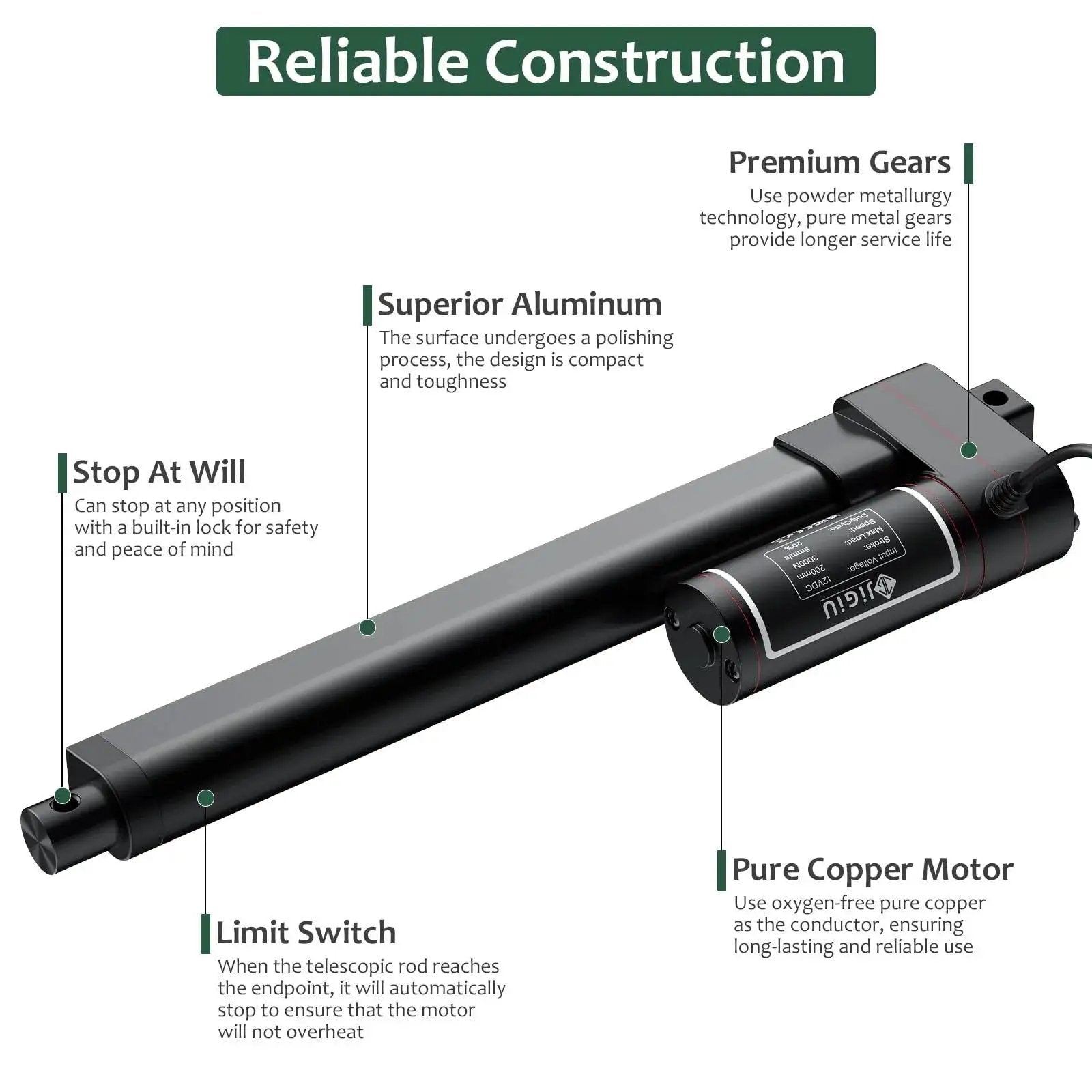 Beefy 12V Heavy Duty Linear Actuator With 8 Inch Stroke, reliable aluminum and copper construction, includes mounting brackets, IP65 rated