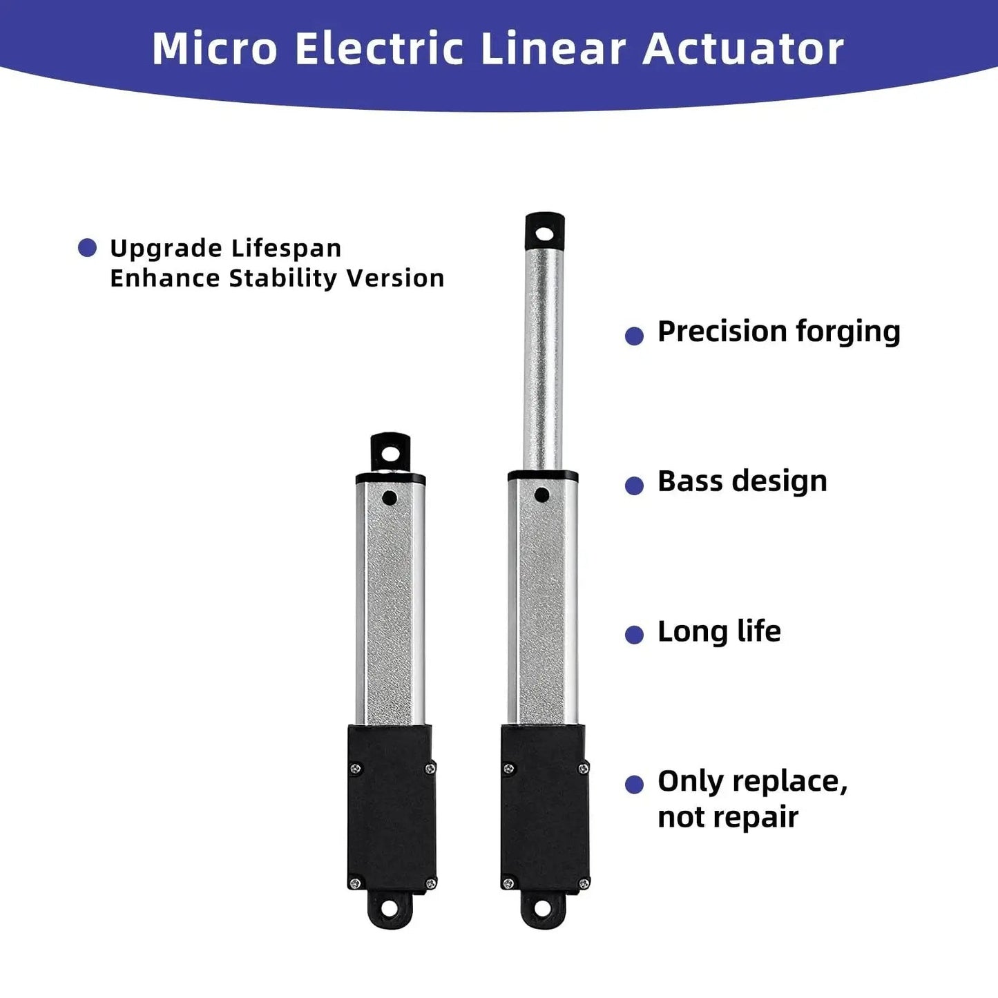 Micro electric linear actuators with precision forging and long life features for cabinets, robotics, and home automation.