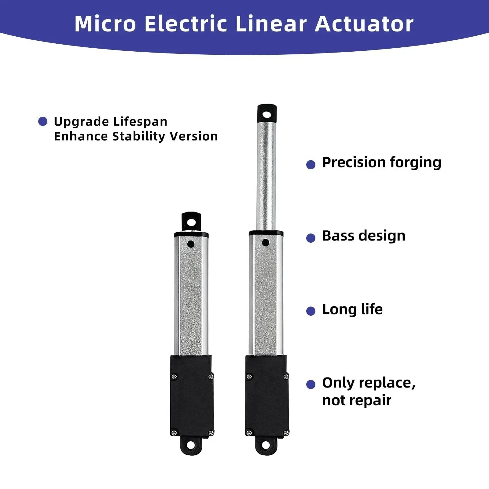 Micro electric linear actuators with precision forging and long life features for cabinets, robotics, and home automation.