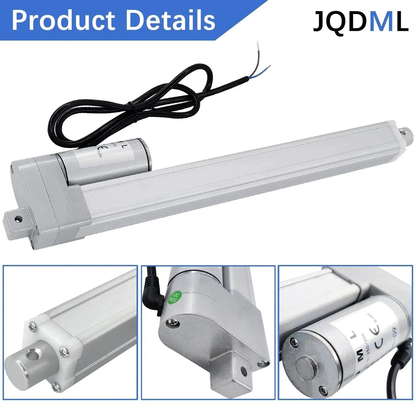 Powerful 12V Linear Actuator With 2 Inch Stroke And 66 Lbs 300N Load Capacity Aluminum Alloy IP54 Weather Resistant shown in parts and full