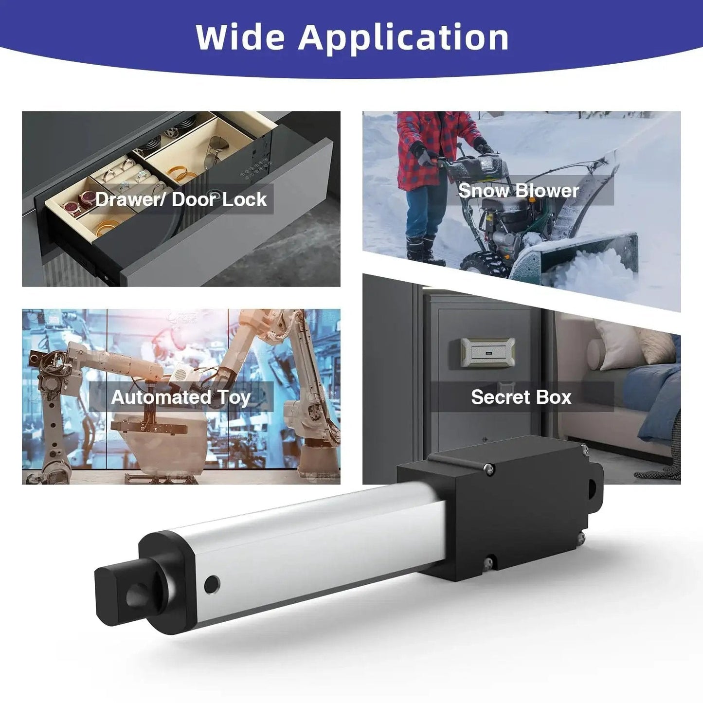 Image of 12V Mini Linear Actuator With 50mm Stroke And 2 Inch Travel, 120N 27 Lbs Load, aluminum body, showing wide application uses.