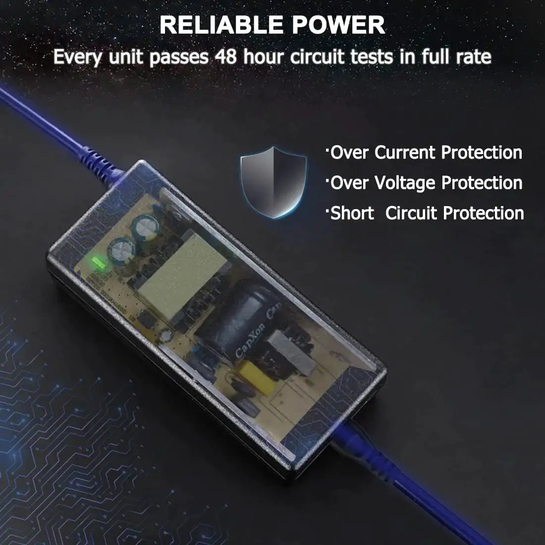 Power adapter of Plug And Play 12V Linear Actuator Controller Kit with 2 Wireless Remotes for reliable circuit protection usage.