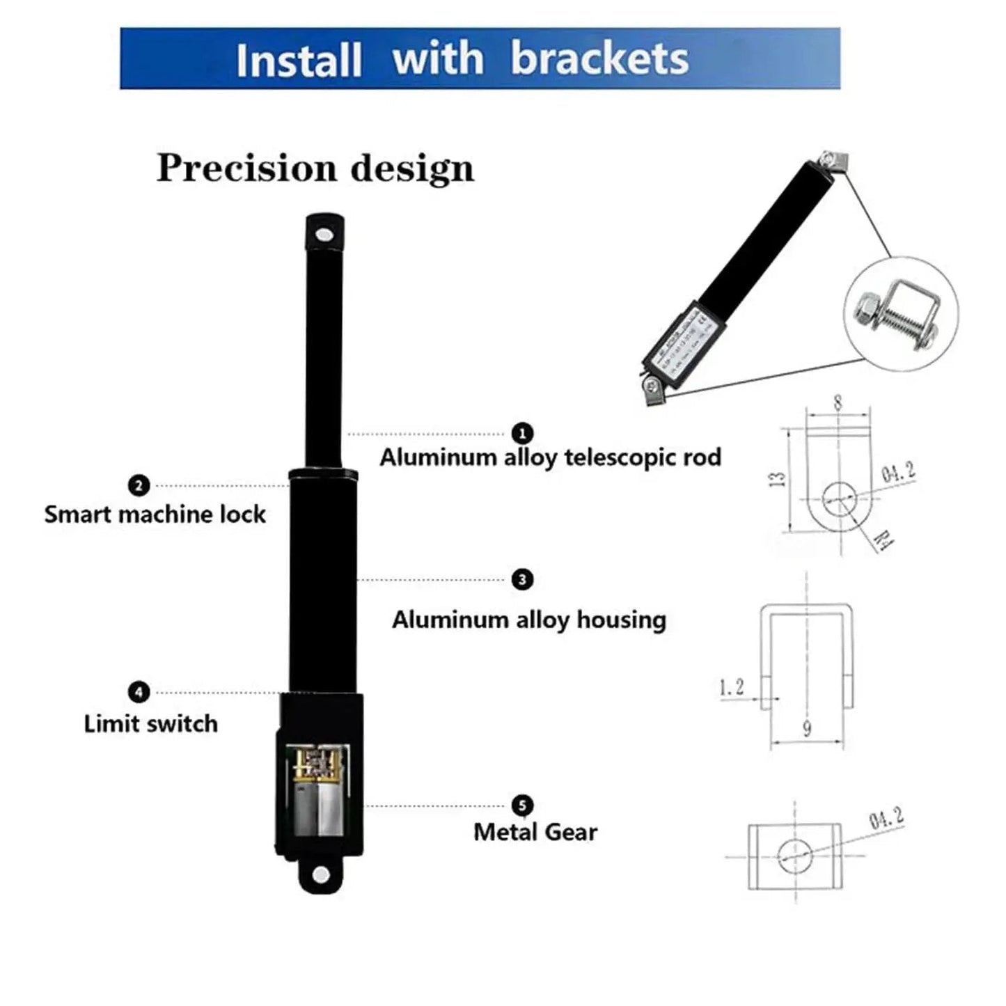 Diagram of Compact 12 Volt Mini 2 Inch Stroke Linear Actuator With 60 Newton Load, precision design with aluminum rod and limit switch.