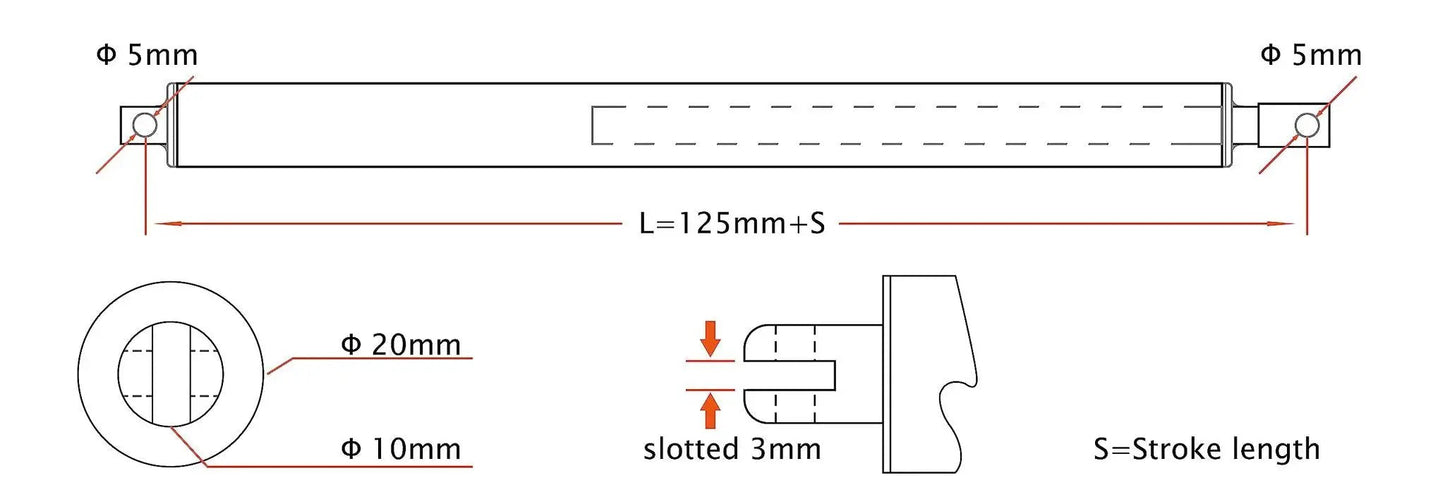 Technical diagram of a 12V Micro Linear Actuator With 2 Inch Stroke, 44 Lb Maximum Lift, 0.8 Inch Round Tube Diameter, Limit Switch