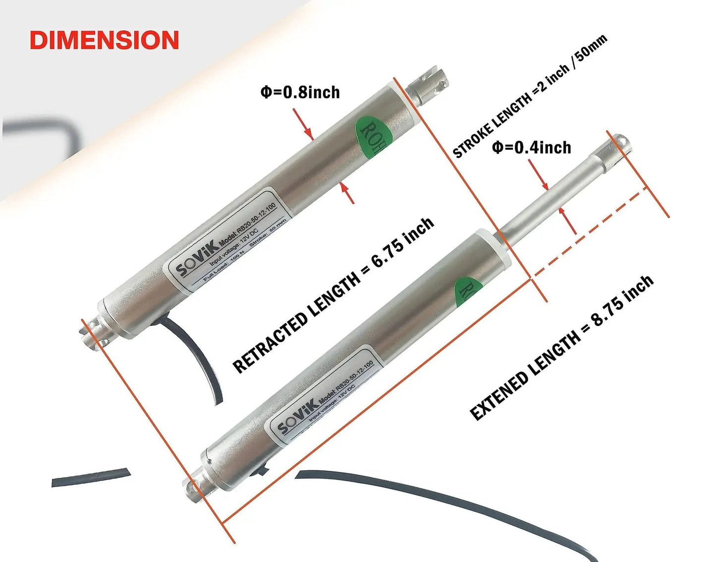 12V Micro Linear Actuator With 2 Inch Stroke, 44 Lb Maximum Lift, 0.8 Inch Round Tube Diameter dimensions diagram