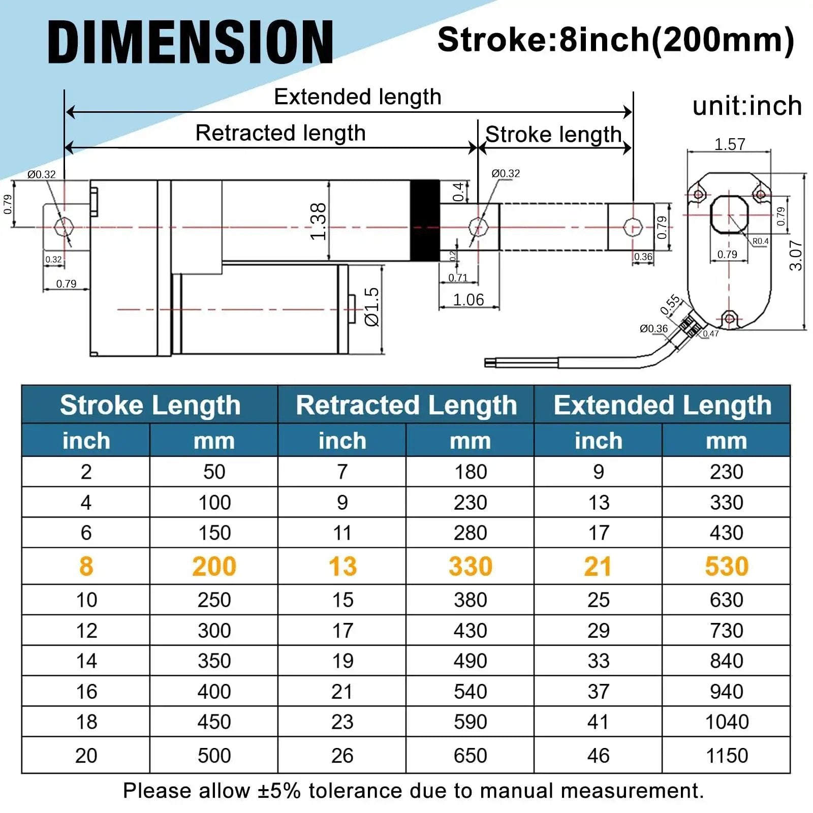 Dimensions chart for Heavy Duty 12V Linear Actuator With 8 Inch Stroke 176 Lbs Load 0.78 Inch Per Second Speed IP65 Rated