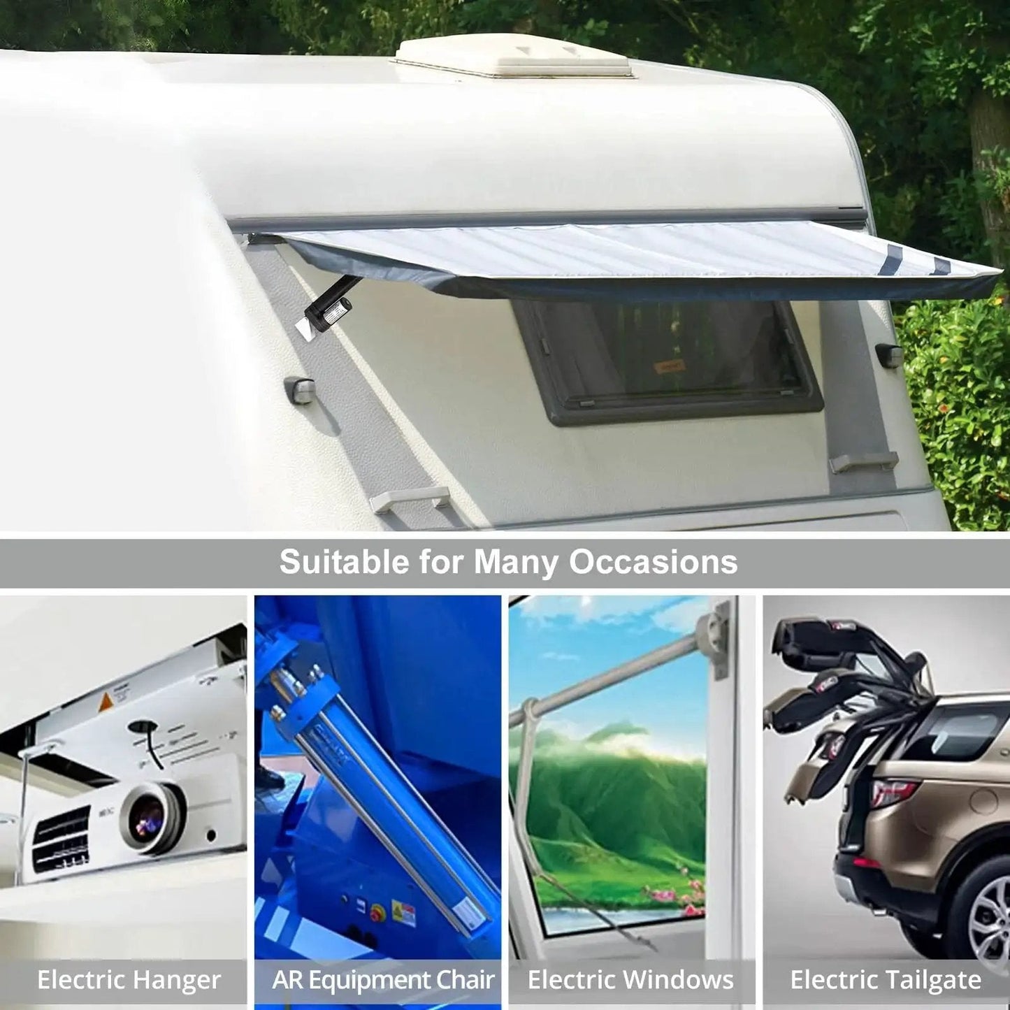 12V Linear Actuator 160LBS 750N showcased on a camper for electric windows, hanger, AR chair, and tailgate applications.