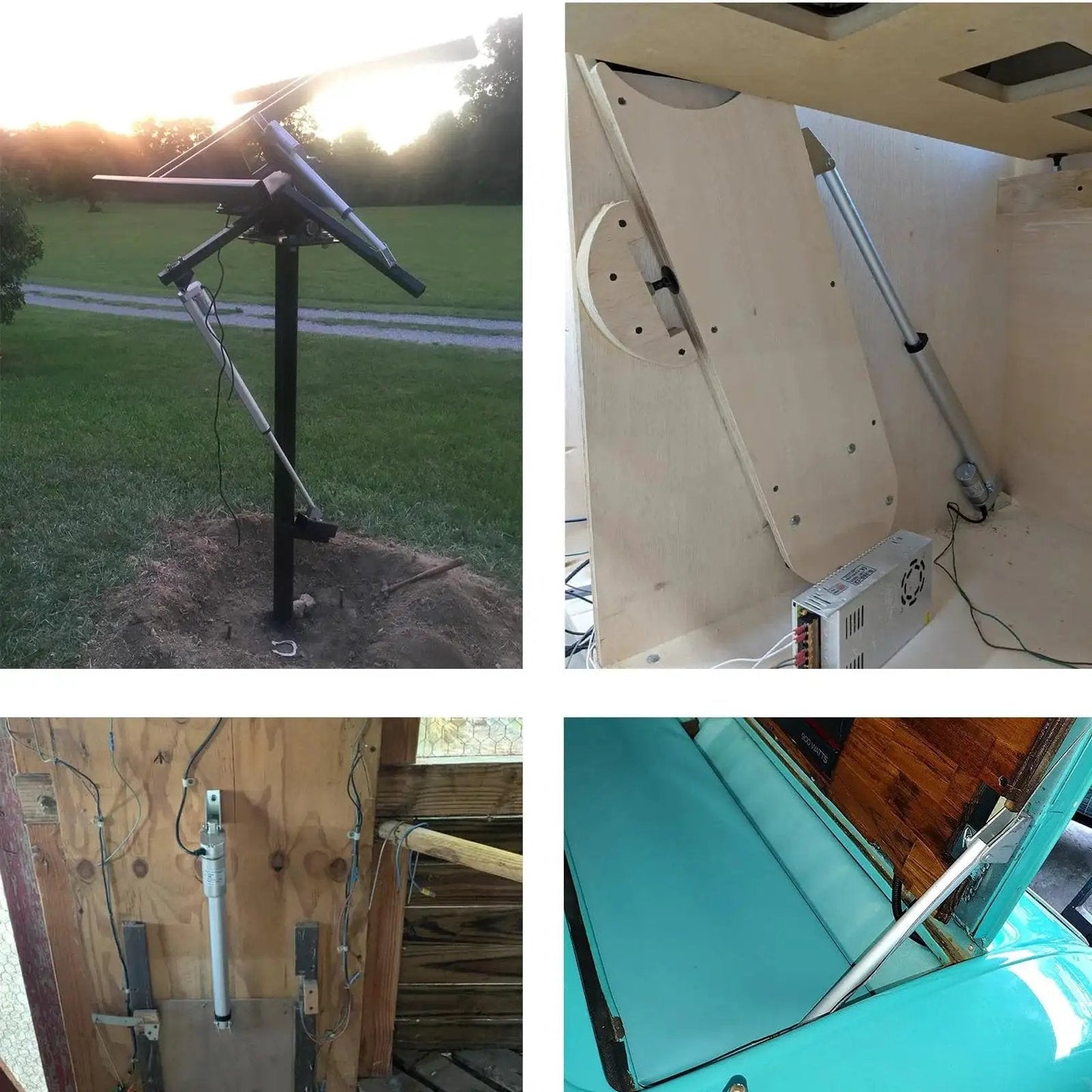 Beefy 12V 8 Inch Stroke Linear Actuator With Mounting Bracket installed in various setups for lifting mechanisms
