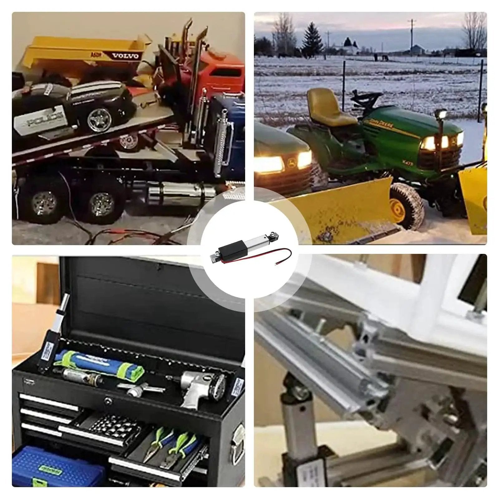Various applications of a 12V Mini Linear Actuator 100mm Stroke 120N 4 Inch Travel, featuring robotics and home automation setups.